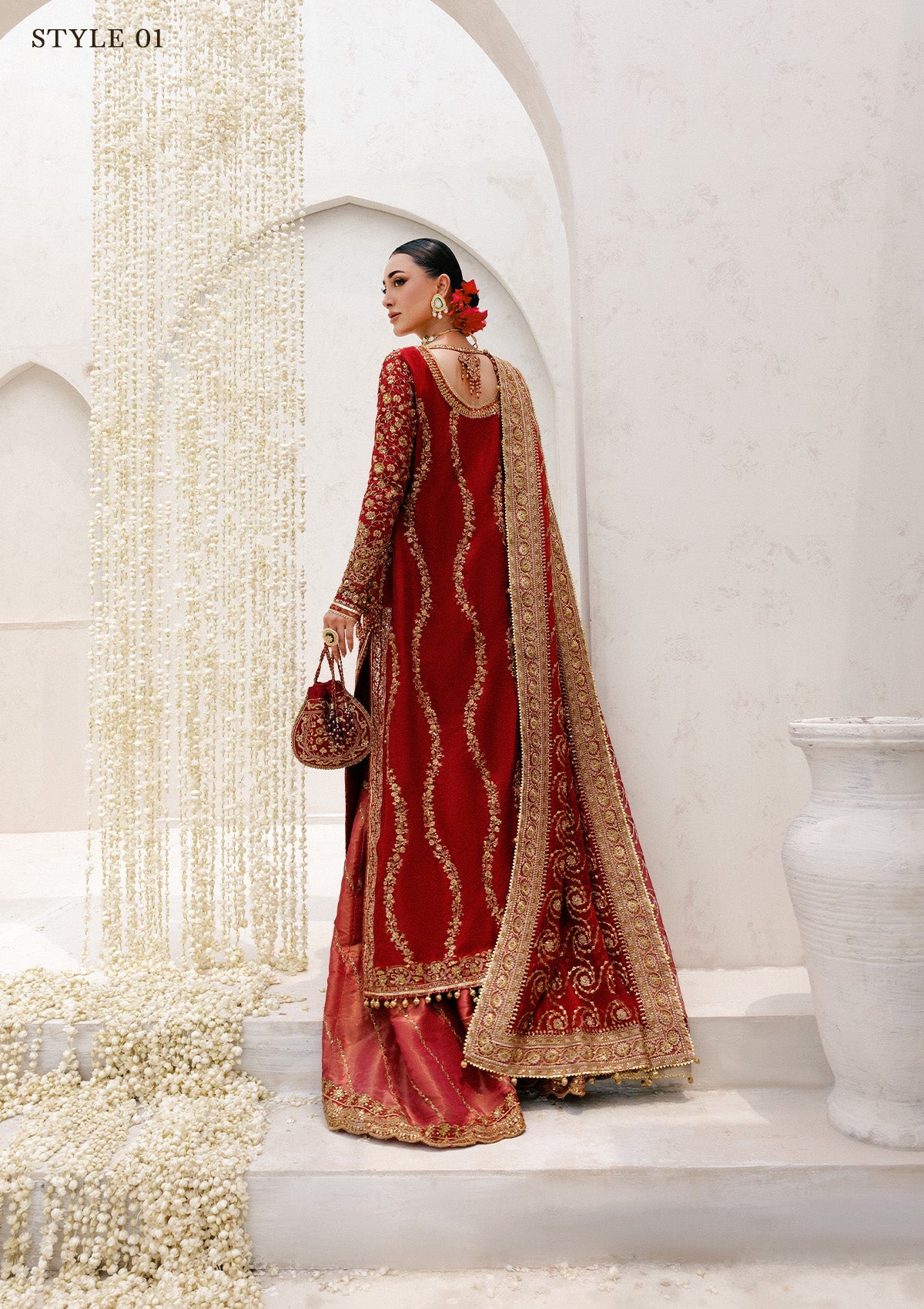 WEDDING FESTIVE 25 VOL. 2 - LOOK 01 Red LONG SHIRT WITH FARSHI GHARARA,HYDERABADI SHIRT WITH CHURI PYJAMA For Wedding Events - Pakistani Designer Wear for Women in UK | Kifat