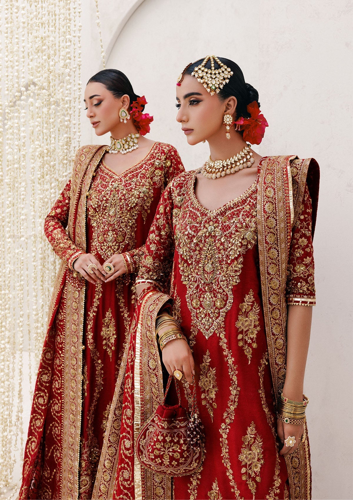 WEDDING FESTIVE 25 VOL. 2 - LOOK 01 Red LONG SHIRT WITH FARSHI GHARARA,HYDERABADI SHIRT WITH CHURI PYJAMA For Wedding Events - Pakistani Designer Wear for Women in UK | Kifat