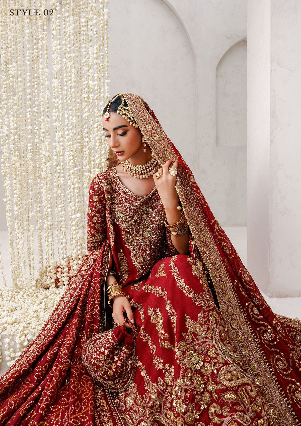 WEDDING FESTIVE 25 VOL. 2 - LOOK 01 Red LONG SHIRT WITH FARSHI GHARARA,HYDERABADI SHIRT WITH CHURI PYJAMA For Wedding Events - Pakistani Designer Wear for Women in UK | Kifat