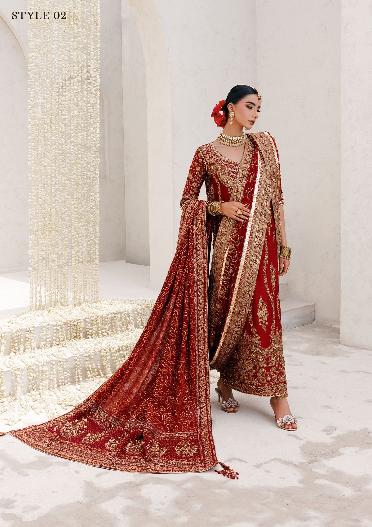 WEDDING FESTIVE 25 VOL. 2 - LOOK 01 Red LONG SHIRT WITH FARSHI GHARARA,HYDERABADI SHIRT WITH CHURI PYJAMA For Wedding Events - Pakistani Designer Wear for Women in UK | Kifat