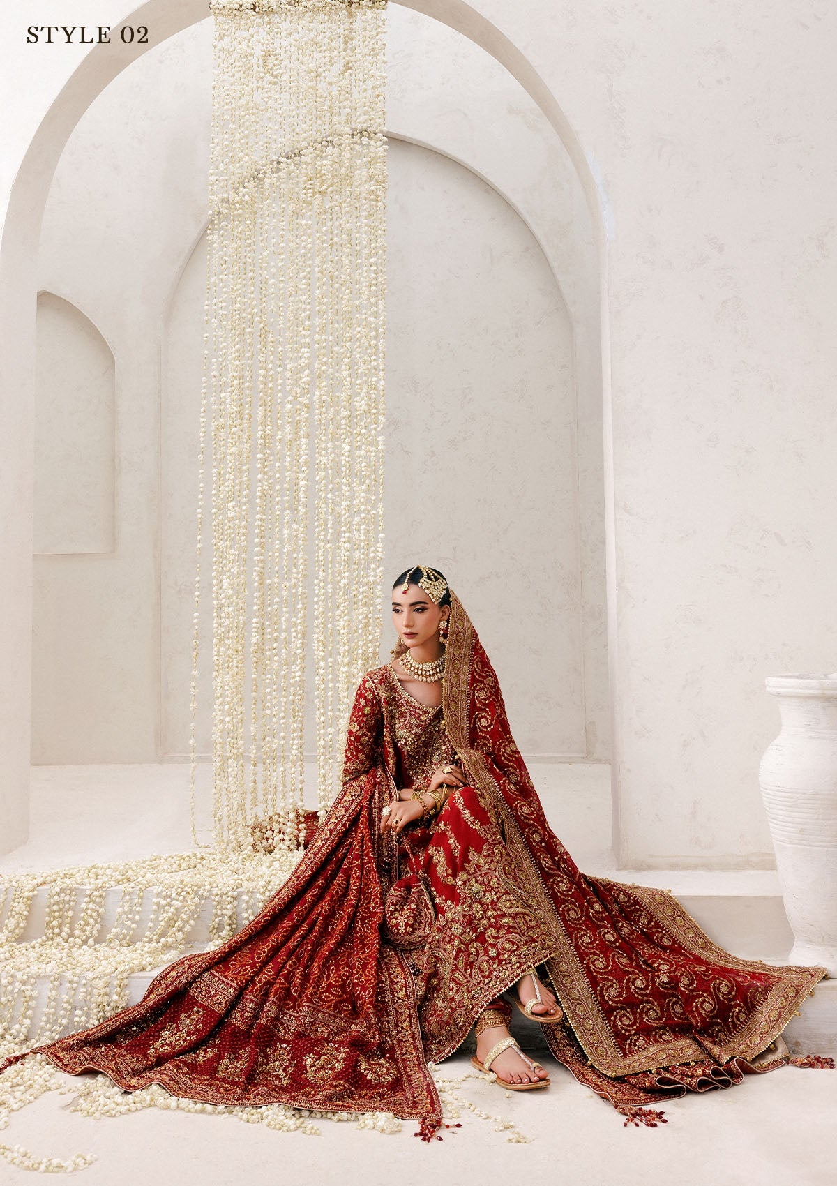 WEDDING FESTIVE 25 VOL. 2 - LOOK 01 Red LONG SHIRT WITH FARSHI GHARARA,HYDERABADI SHIRT WITH CHURI PYJAMA For Wedding Events - Pakistani Designer Wear for Women in UK | Kifat