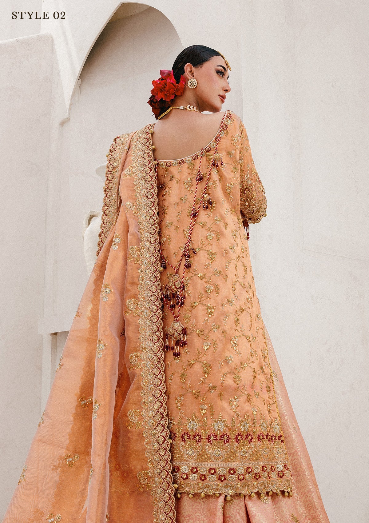 WEDDING FESTIVE 25 VOL. 2 - LOOK 02 Orange Rust LONG SHIRT WITH FARSHI GHARARA,LONG SHIRT WITH SKIRT For Wedding Events - Pakistani Designer Wear for Women in UK | Kifat