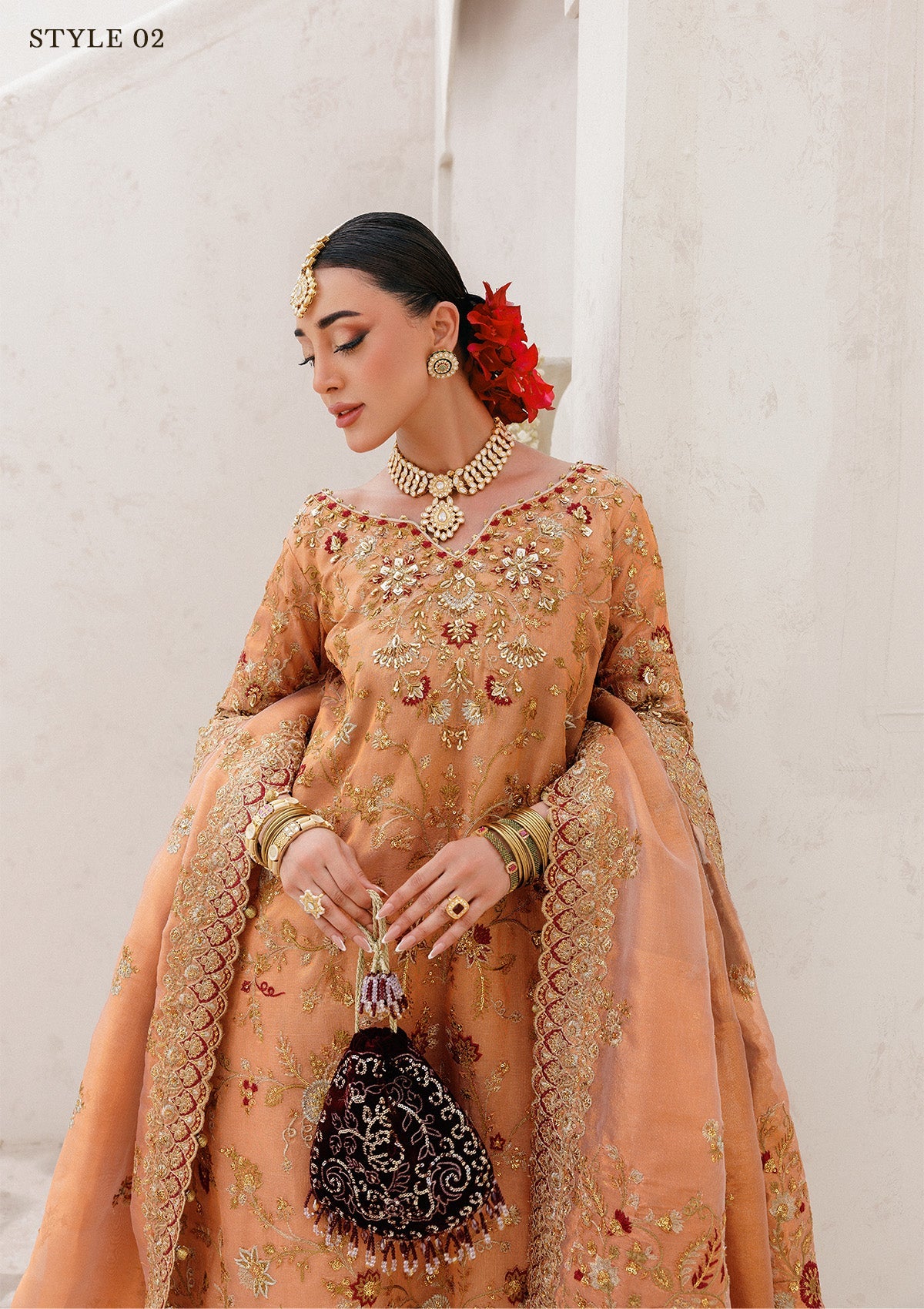 WEDDING FESTIVE 25 VOL. 2 - LOOK 02 Orange Rust LONG SHIRT WITH FARSHI GHARARA,LONG SHIRT WITH SKIRT For Wedding Events - Pakistani Designer Wear for Women in UK | Kifat