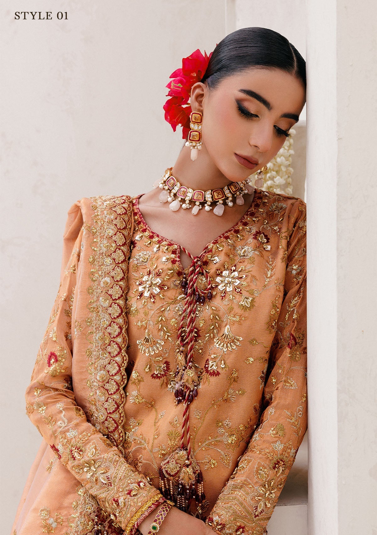 WEDDING FESTIVE 25 VOL. 2 - LOOK 02 Orange Rust LONG SHIRT WITH FARSHI GHARARA,LONG SHIRT WITH SKIRT For Wedding Events - Pakistani Designer Wear for Women in UK | Kifat