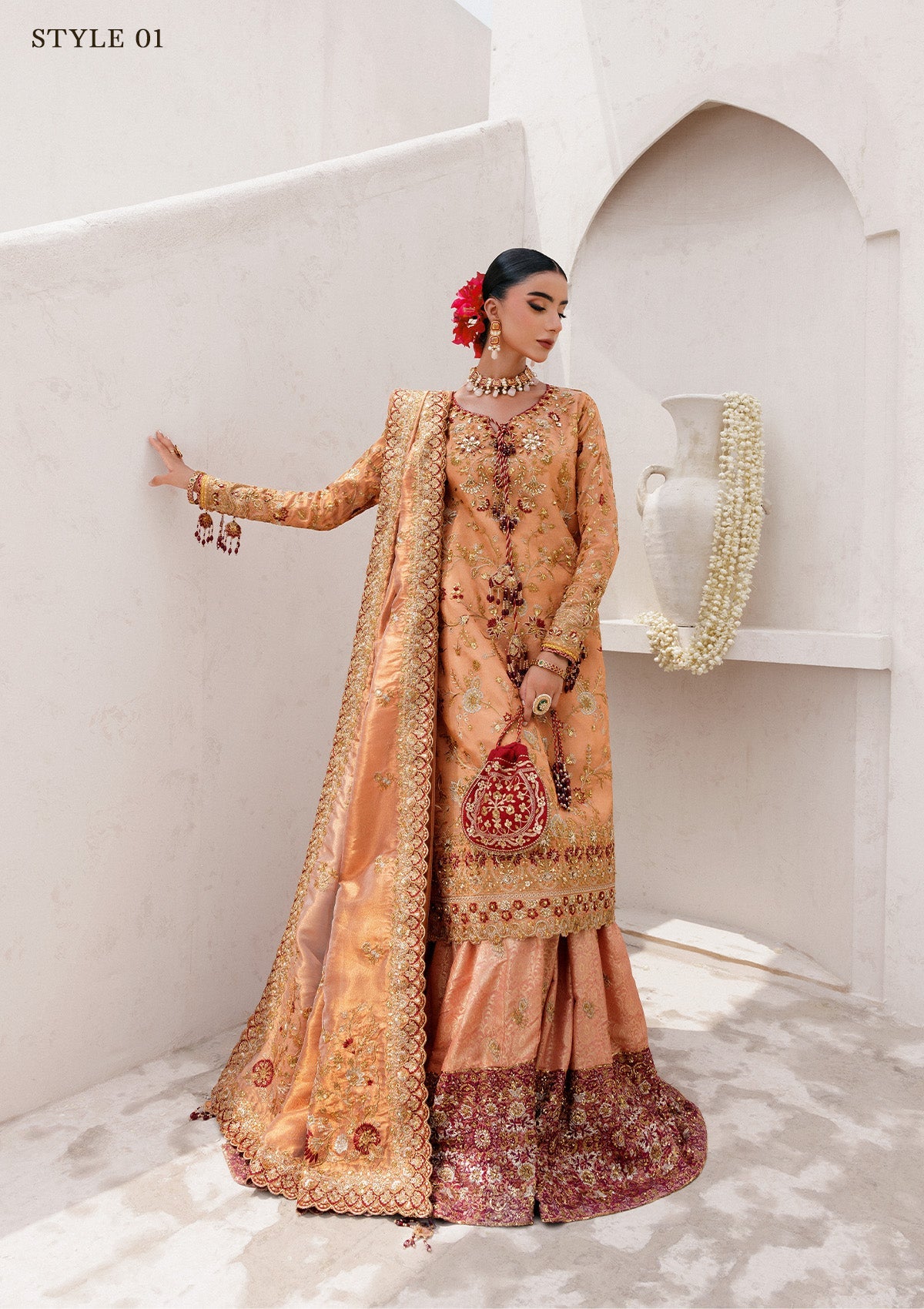 WEDDING FESTIVE 25 VOL. 2 - LOOK 02 Orange Rust LONG SHIRT WITH FARSHI GHARARA,LONG SHIRT WITH SKIRT For Wedding Events - Pakistani Designer Wear for Women in UK | Kifat