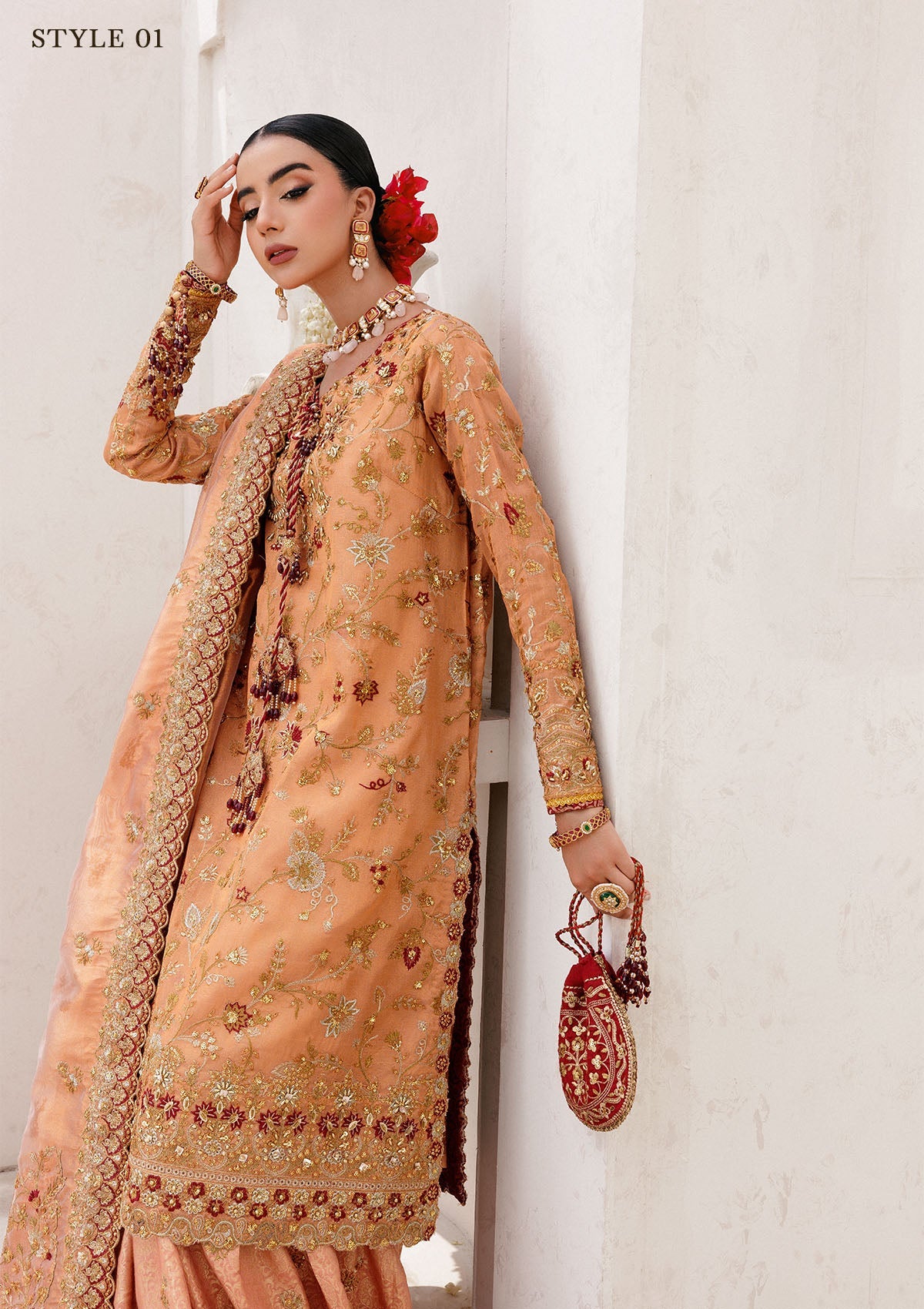 WEDDING FESTIVE 25 VOL. 2 - LOOK 02 Orange Rust LONG SHIRT WITH FARSHI GHARARA,LONG SHIRT WITH SKIRT For Wedding Events - Pakistani Designer Wear for Women in UK | Kifat