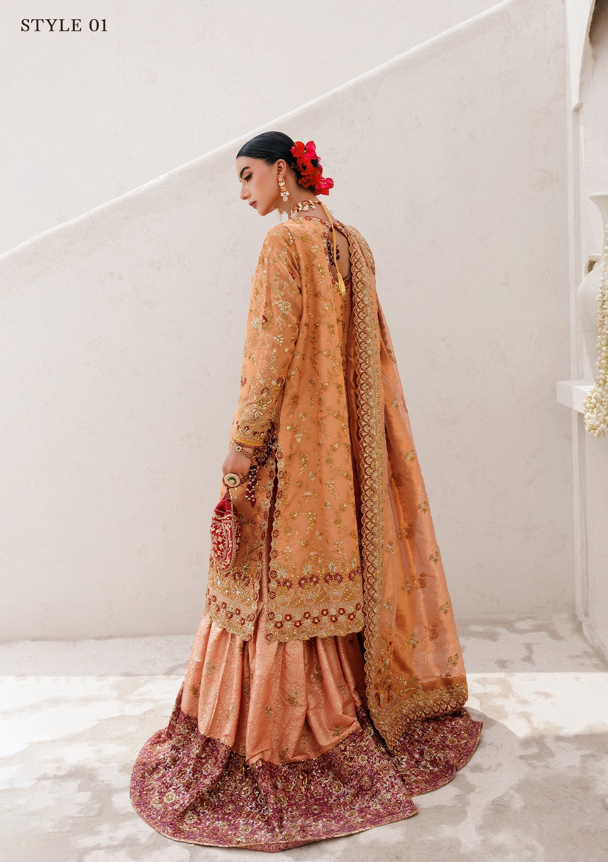 WEDDING FESTIVE 25 VOL. 2 - LOOK 02 Orange Rust LONG SHIRT WITH FARSHI GHARARA,LONG SHIRT WITH SKIRT For Wedding Events - Pakistani Designer Wear for Women in UK | Kifat