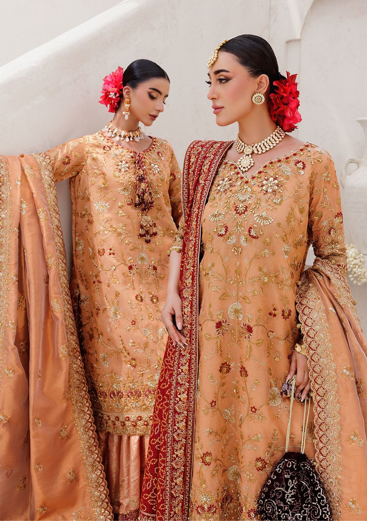 WEDDING FESTIVE 25 VOL. 2 - LOOK 02 Orange Rust LONG SHIRT WITH FARSHI GHARARA,LONG SHIRT WITH SKIRT For Wedding Events - Pakistani Designer Wear for Women in UK | Kifat