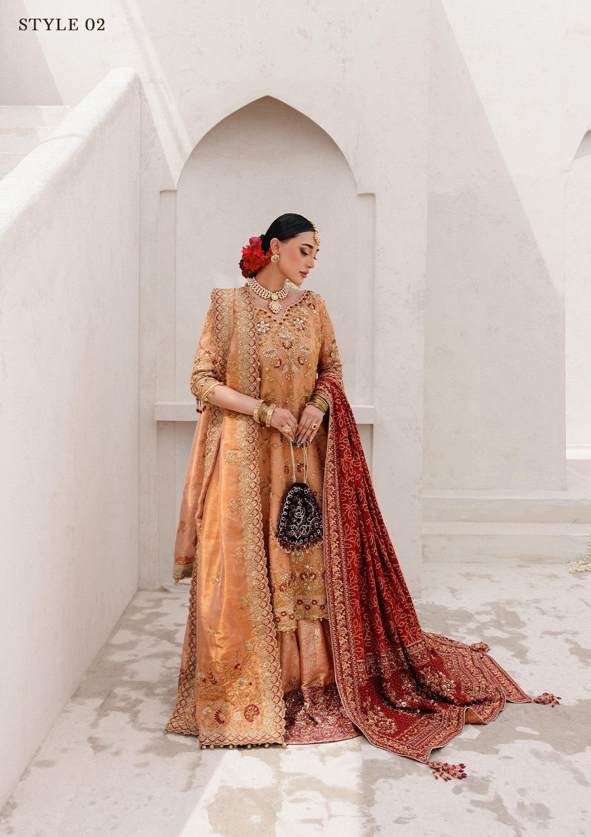 WEDDING FESTIVE 25 VOL. 2 - LOOK 02 Orange Rust LONG SHIRT WITH FARSHI GHARARA,LONG SHIRT WITH SKIRT For Wedding Events - Pakistani Designer Wear for Women in UK | Kifat