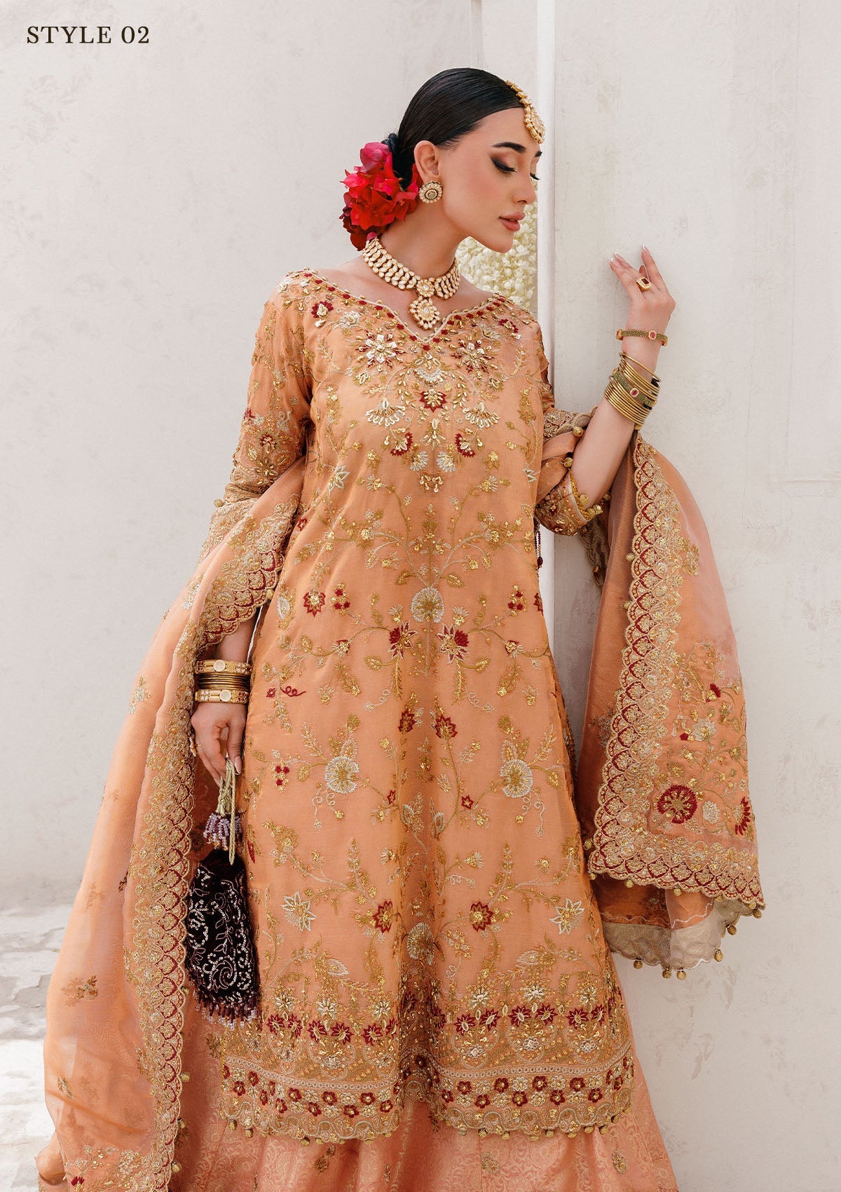WEDDING FESTIVE 25 VOL. 2 - LOOK 02 Orange Rust LONG SHIRT WITH FARSHI GHARARA,LONG SHIRT WITH SKIRT For Wedding Events - Pakistani Designer Wear for Women in UK | Kifat