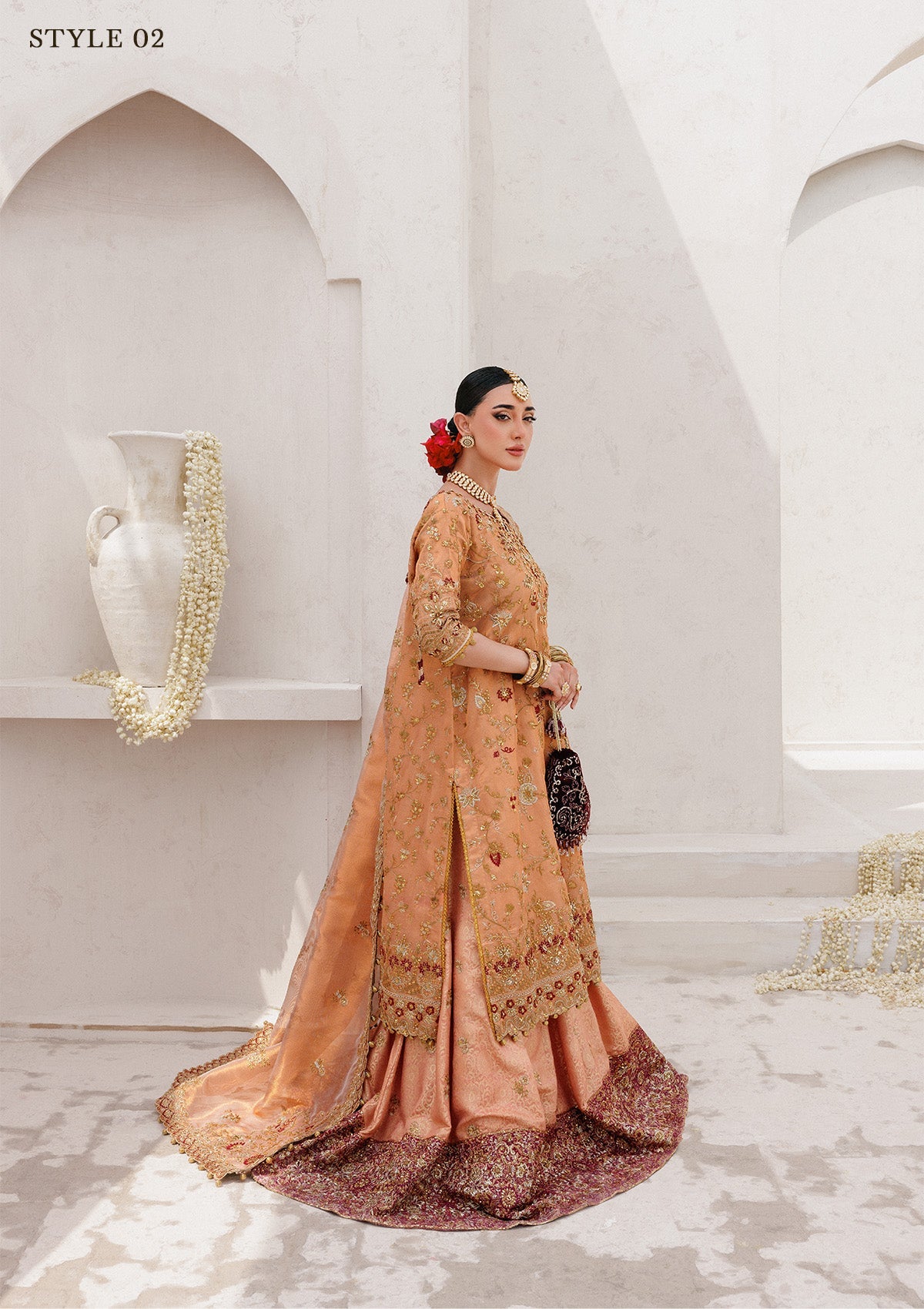 WEDDING FESTIVE 25 VOL. 2 - LOOK 02 Orange Rust LONG SHIRT WITH FARSHI GHARARA,LONG SHIRT WITH SKIRT For Wedding Events - Pakistani Designer Wear for Women in UK | Kifat