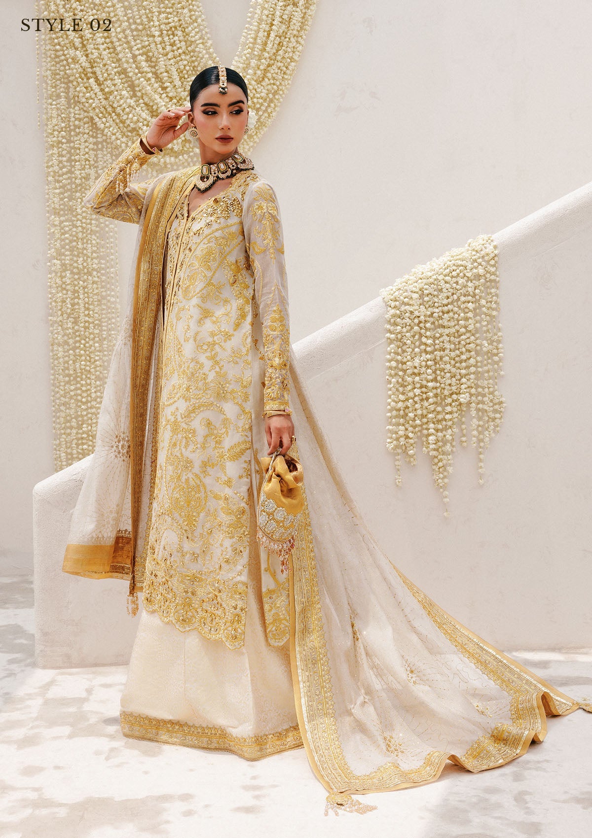 WEDDING FESTIVE 25 VOL. 2 - LOOK 03 Off White HYDERABADI SHIRT WITH FARSHI GHARARA,LONG SHIRT WITH SHARARA For Wedding Events - Pakistani Designer Wear for Women in UK | Kifat