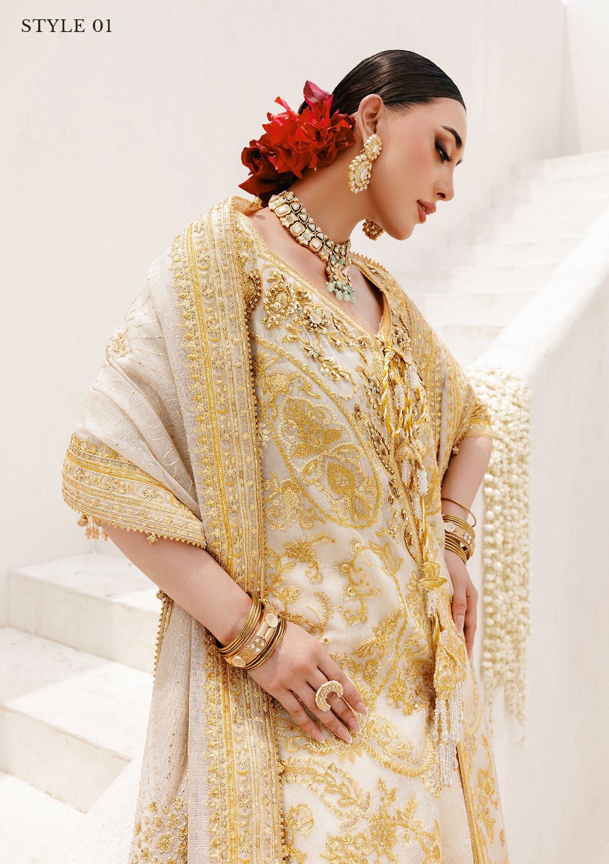 WEDDING FESTIVE 25 VOL. 2 - LOOK 03 Off White HYDERABADI SHIRT WITH FARSHI GHARARA,LONG SHIRT WITH SHARARA For Wedding Events - Pakistani Designer Wear for Women in UK | Kifat