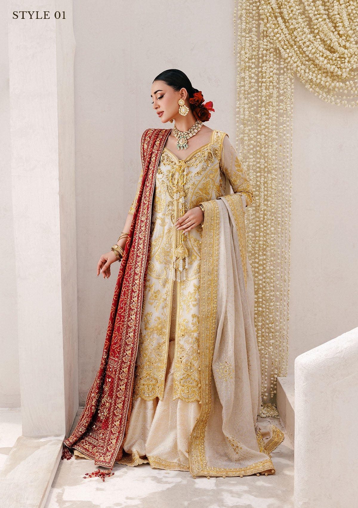 WEDDING FESTIVE 25 VOL. 2 - LOOK 03 Off White HYDERABADI SHIRT WITH FARSHI GHARARA,LONG SHIRT WITH SHARARA For Wedding Events - Pakistani Designer Wear for Women in UK | Kifat