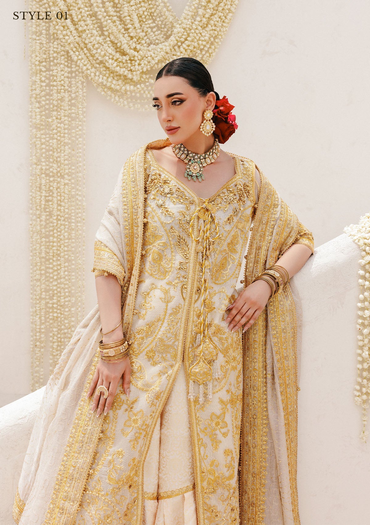 WEDDING FESTIVE 25 VOL. 2 - LOOK 03 Off White HYDERABADI SHIRT WITH FARSHI GHARARA,LONG SHIRT WITH SHARARA For Wedding Events - Pakistani Designer Wear for Women in UK | Kifat