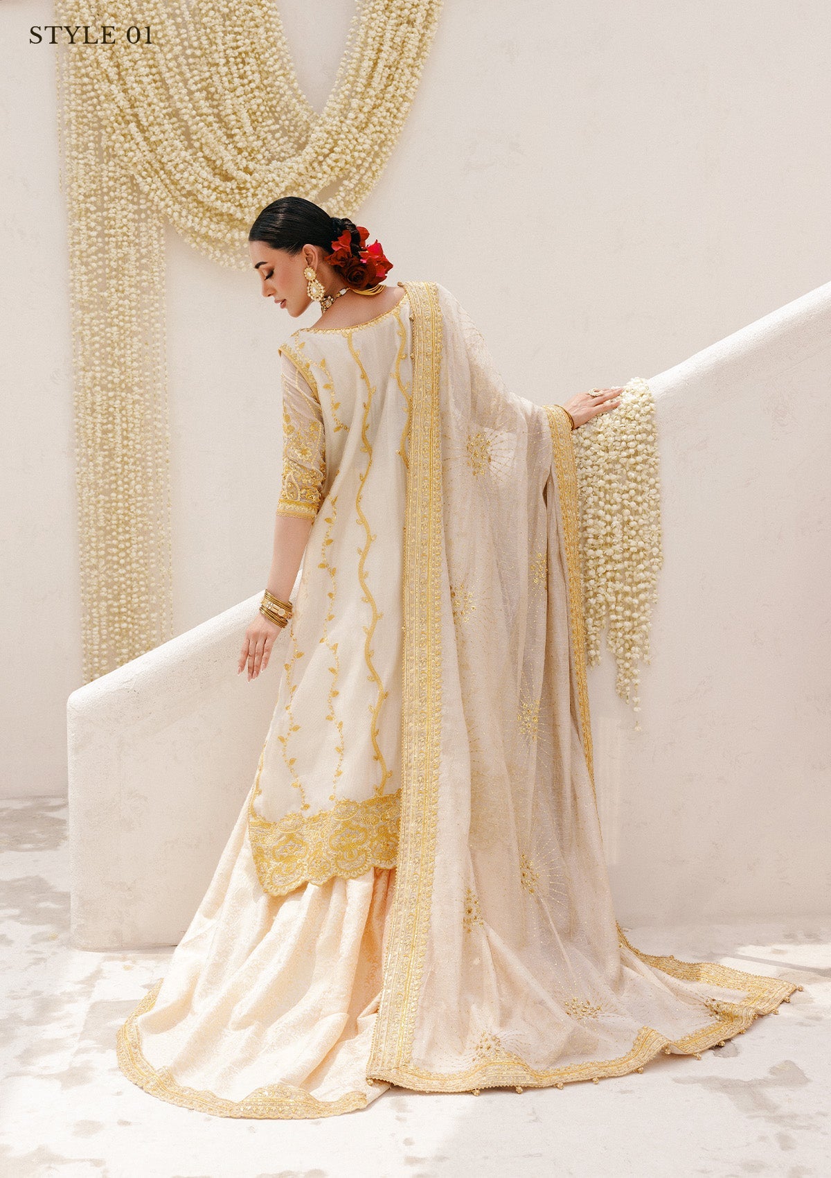 WEDDING FESTIVE 25 VOL. 2 - LOOK 03 Off White HYDERABADI SHIRT WITH FARSHI GHARARA,LONG SHIRT WITH SHARARA For Wedding Events - Pakistani Designer Wear for Women in UK | Kifat