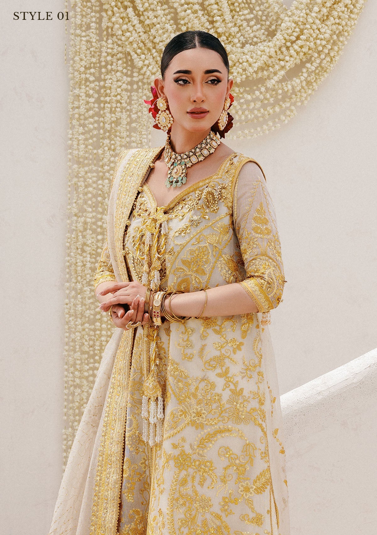 WEDDING FESTIVE 25 VOL. 2 - LOOK 03 Off White HYDERABADI SHIRT WITH FARSHI GHARARA,LONG SHIRT WITH SHARARA For Wedding Events - Pakistani Designer Wear for Women in UK | Kifat