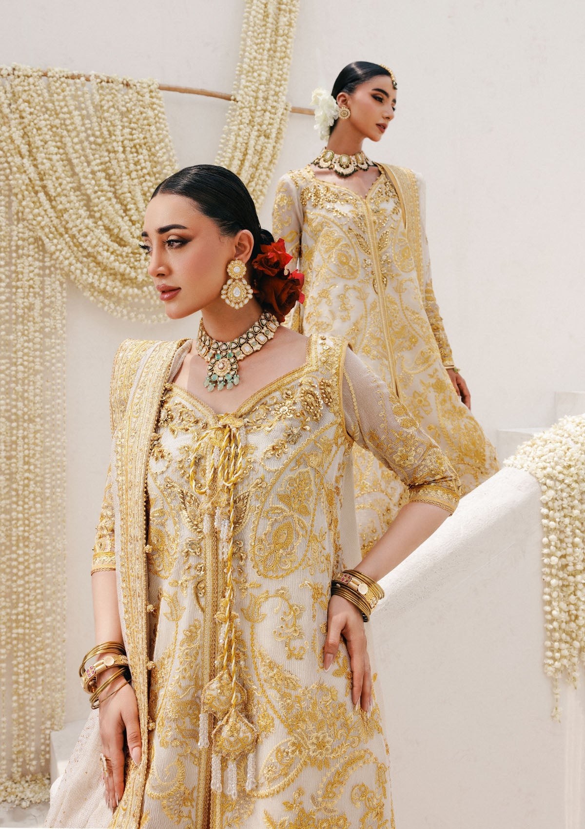 WEDDING FESTIVE 25 VOL. 2 - LOOK 03 Off White HYDERABADI SHIRT WITH FARSHI GHARARA,LONG SHIRT WITH SHARARA For Wedding Events - Pakistani Designer Wear for Women in UK | Kifat