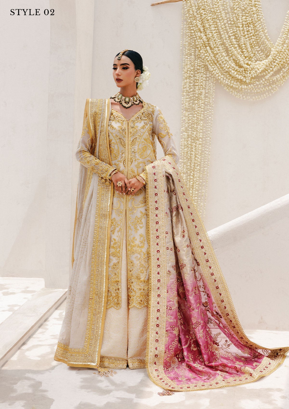 WEDDING FESTIVE 25 VOL. 2 - LOOK 03 Off White HYDERABADI SHIRT WITH FARSHI GHARARA,LONG SHIRT WITH SHARARA For Wedding Events - Pakistani Designer Wear for Women in UK | Kifat