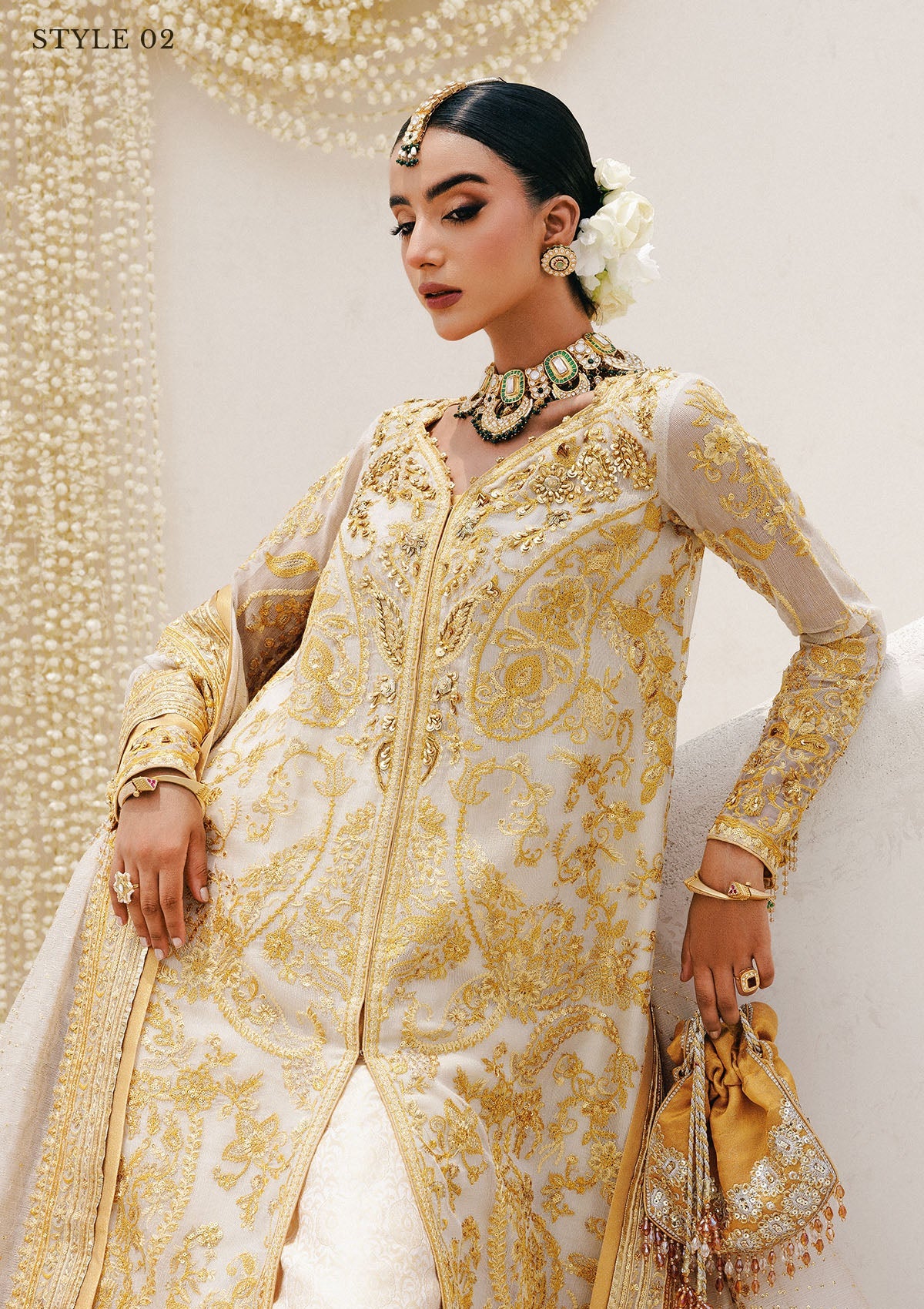WEDDING FESTIVE 25 VOL. 2 - LOOK 03 Off White HYDERABADI SHIRT WITH FARSHI GHARARA,LONG SHIRT WITH SHARARA For Wedding Events - Pakistani Designer Wear for Women in UK | Kifat