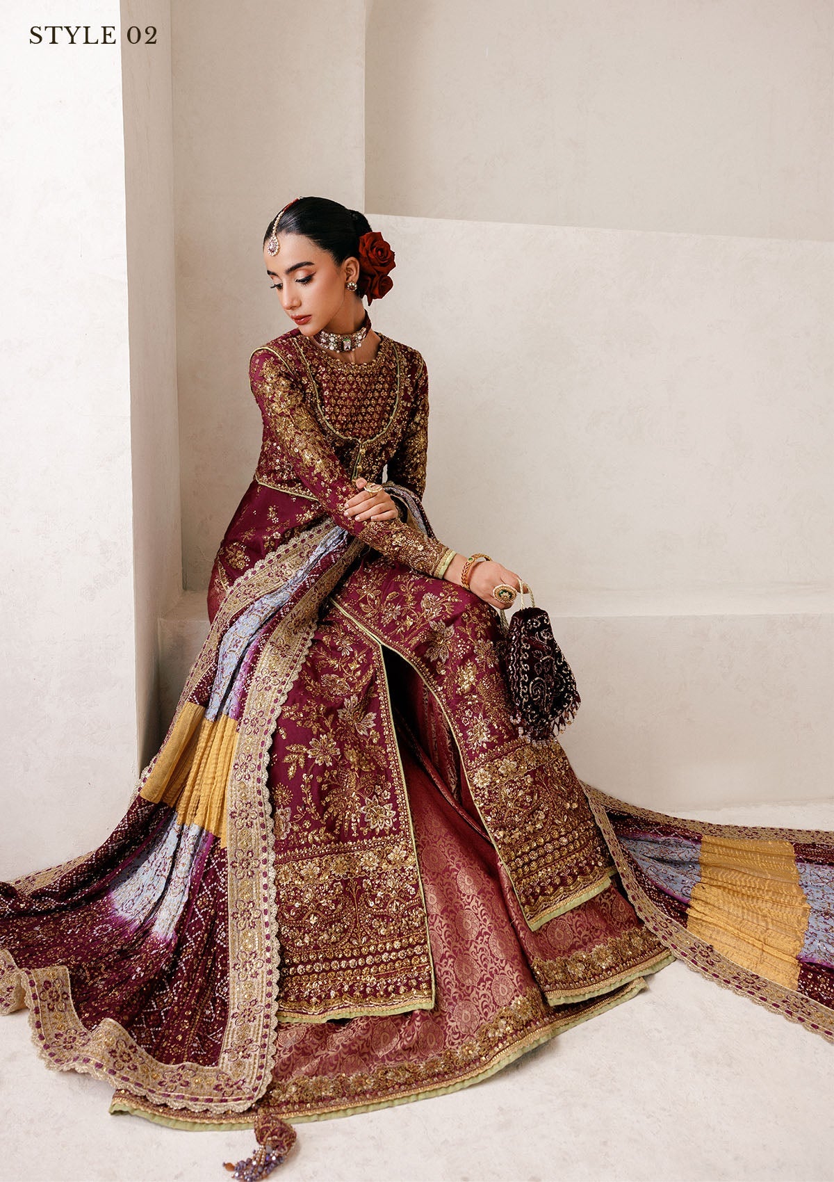 WEDDING FESTIVE 25 VOL. 2 - LOOK 04 Plum ANGRAKHA WITH GHARARA,OPEN FRONT KOTI SHIRT WITH SHARARA For Wedding Events - Pakistani Designer Wear for Women in UK | Kifat