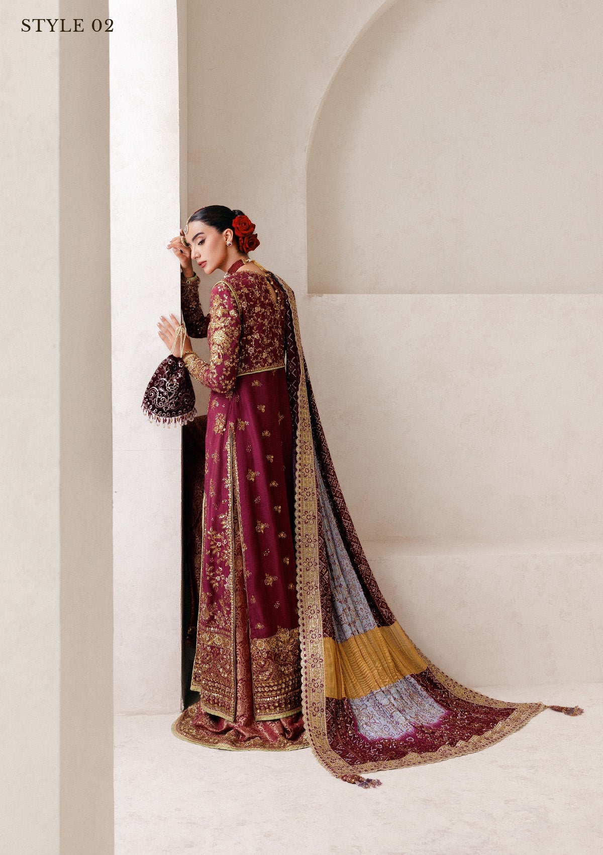 WEDDING FESTIVE 25 VOL. 2 - LOOK 04 Plum ANGRAKHA WITH GHARARA,OPEN FRONT KOTI SHIRT WITH SHARARA For Wedding Events - Pakistani Designer Wear for Women in UK | Kifat