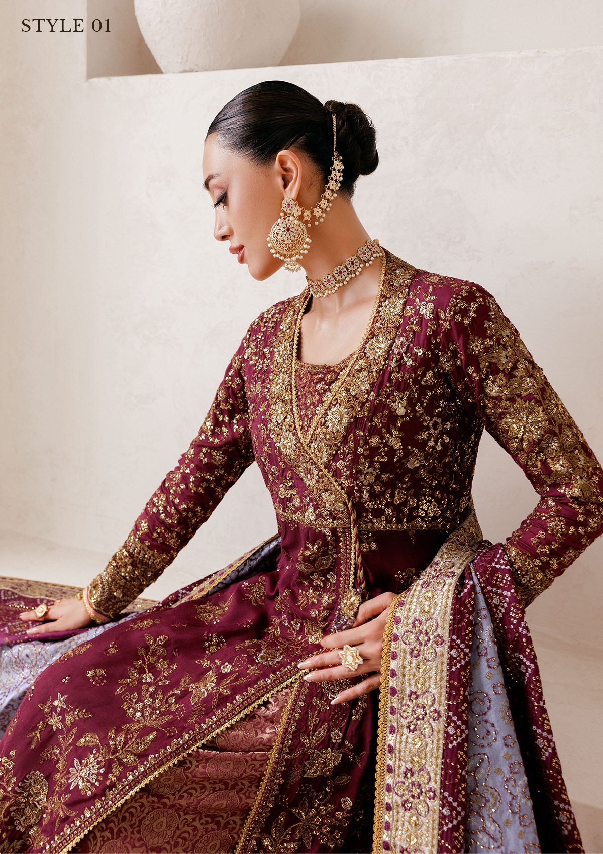WEDDING FESTIVE 25 VOL. 2 - LOOK 04 Plum ANGRAKHA WITH GHARARA,OPEN FRONT KOTI SHIRT WITH SHARARA For Wedding Events - Pakistani Designer Wear for Women in UK | Kifat