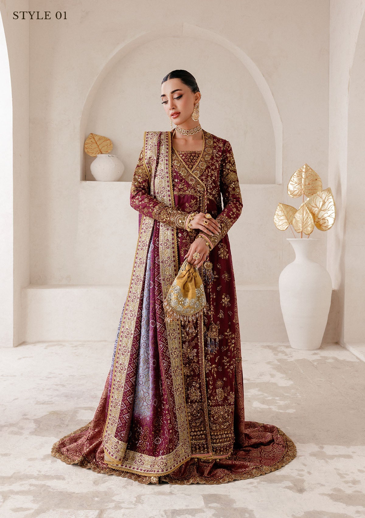 WEDDING FESTIVE 25 VOL. 2 - LOOK 04 Plum ANGRAKHA WITH GHARARA,OPEN FRONT KOTI SHIRT WITH SHARARA For Wedding Events - Pakistani Designer Wear for Women in UK | Kifat