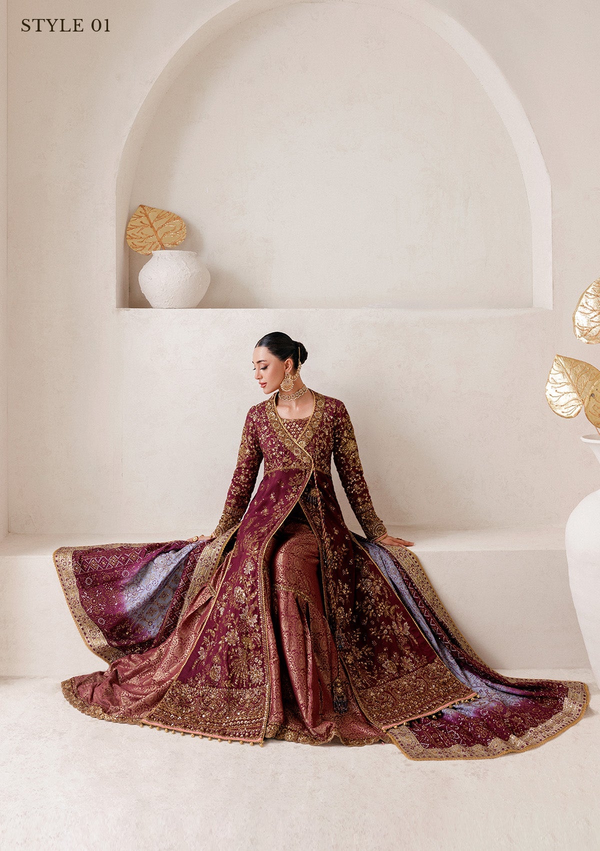 WEDDING FESTIVE 25 VOL. 2 - LOOK 04 Plum ANGRAKHA WITH GHARARA,OPEN FRONT KOTI SHIRT WITH SHARARA For Wedding Events - Pakistani Designer Wear for Women in UK | Kifat