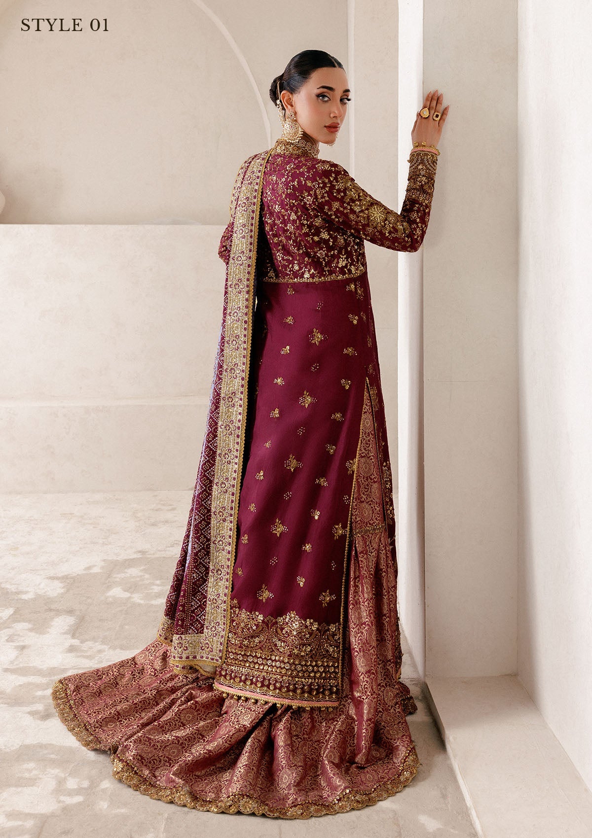WEDDING FESTIVE 25 VOL. 2 - LOOK 04 Plum ANGRAKHA WITH GHARARA,OPEN FRONT KOTI SHIRT WITH SHARARA For Wedding Events - Pakistani Designer Wear for Women in UK | Kifat