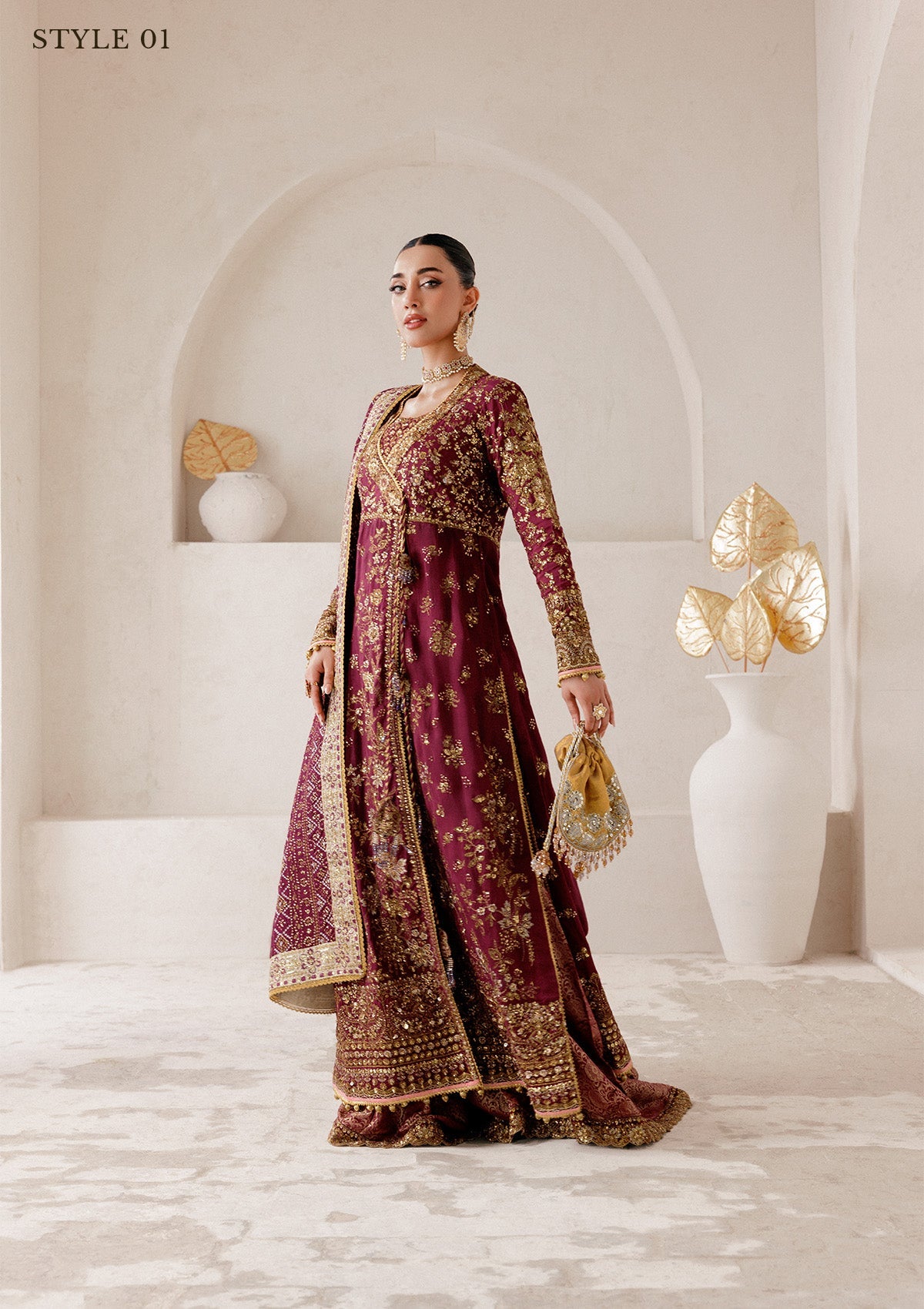 WEDDING FESTIVE 25 VOL. 2 - LOOK 04 Plum ANGRAKHA WITH GHARARA,OPEN FRONT KOTI SHIRT WITH SHARARA For Wedding Events - Pakistani Designer Wear for Women in UK | Kifat