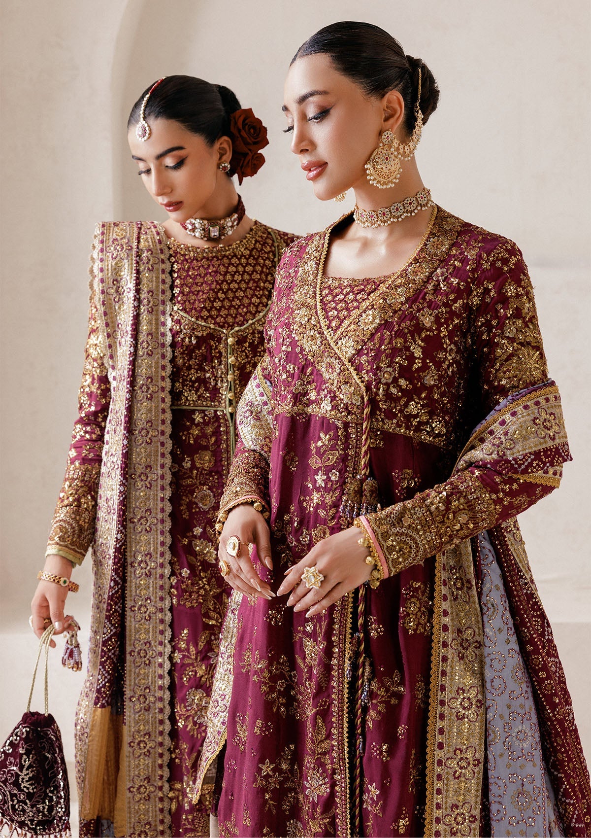 WEDDING FESTIVE 25 VOL. 2 - LOOK 04 Plum ANGRAKHA WITH GHARARA,OPEN FRONT KOTI SHIRT WITH SHARARA For Wedding Events - Pakistani Designer Wear for Women in UK | Kifat
