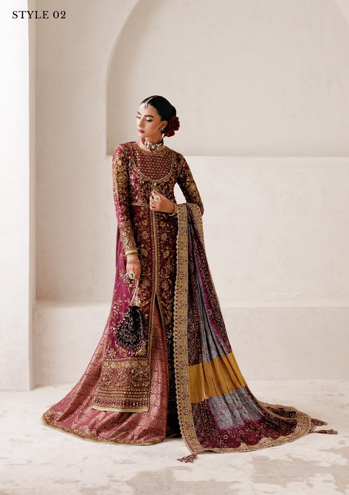 WEDDING FESTIVE 25 VOL. 2 - LOOK 04 Plum ANGRAKHA WITH GHARARA,OPEN FRONT KOTI SHIRT WITH SHARARA For Wedding Events - Pakistani Designer Wear for Women in UK | Kifat