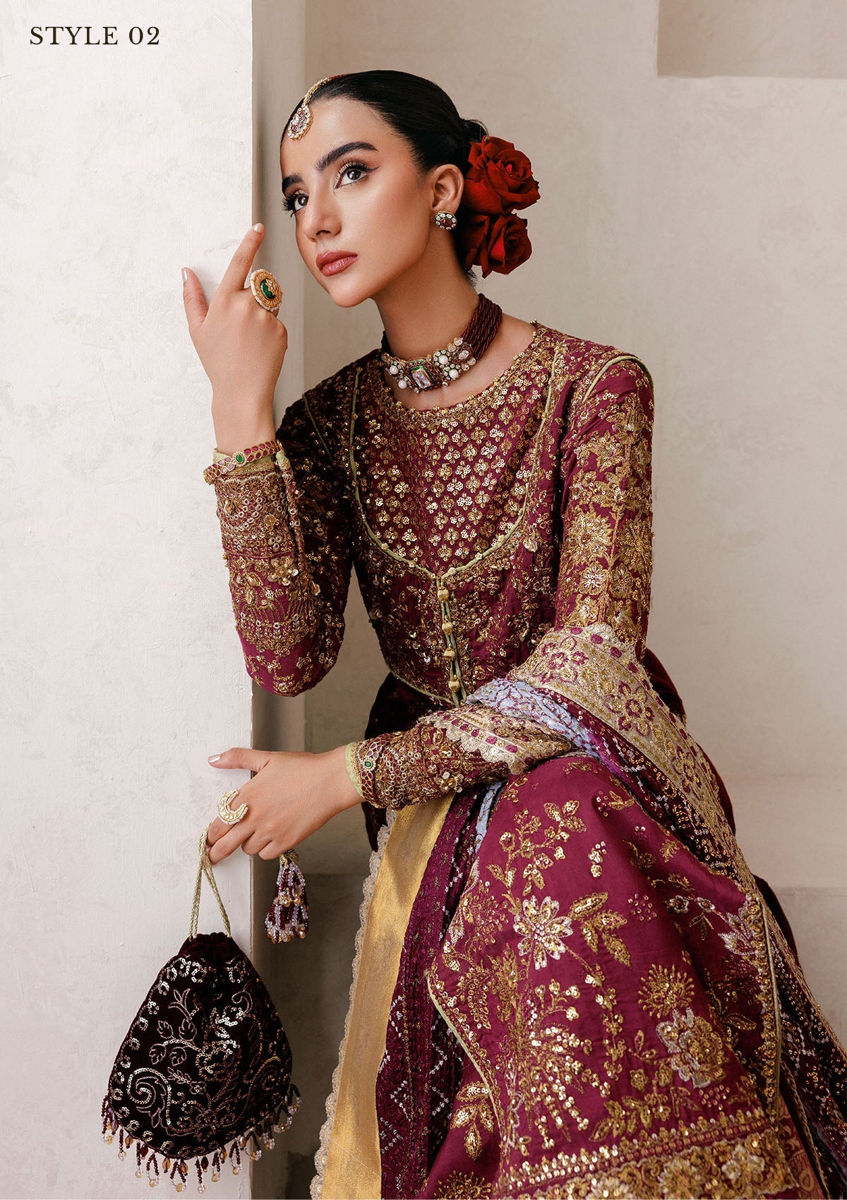 WEDDING FESTIVE 25 VOL. 2 - LOOK 04 Plum ANGRAKHA WITH GHARARA,OPEN FRONT KOTI SHIRT WITH SHARARA For Wedding Events - Pakistani Designer Wear for Women in UK | Kifat
