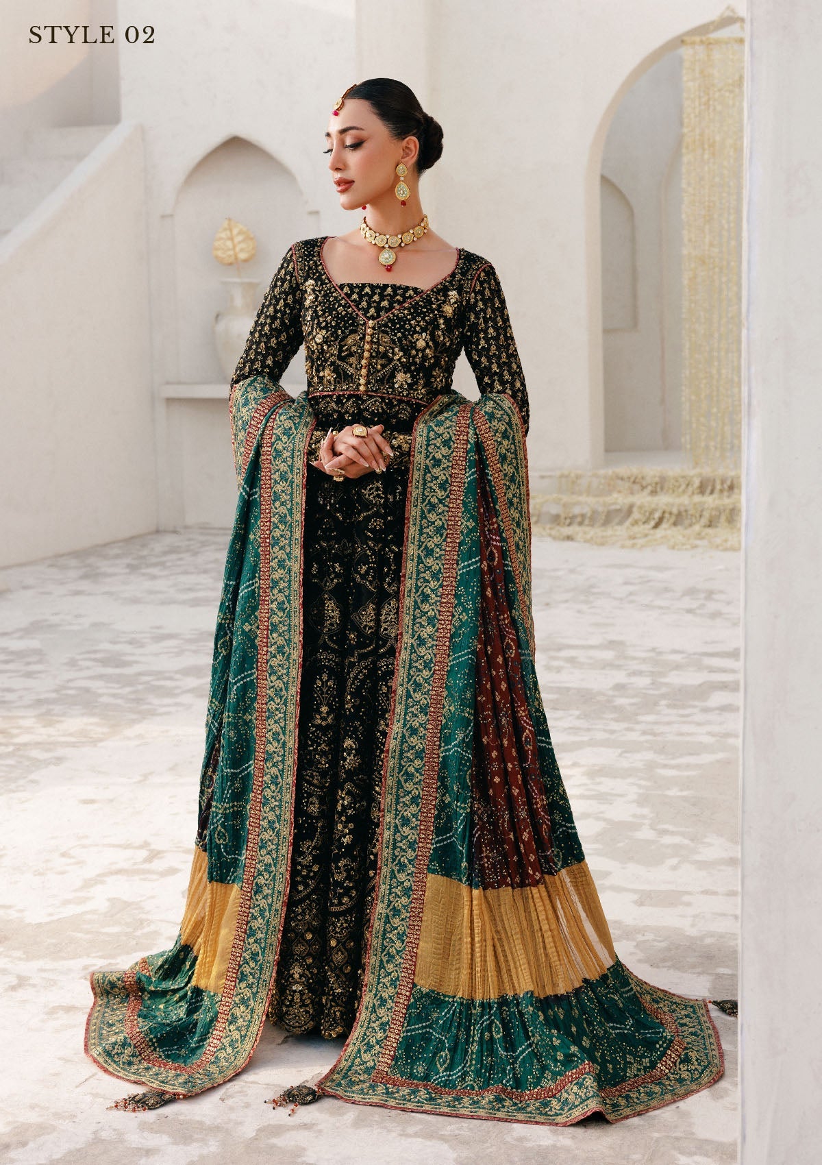 WEDDING FESTIVE 25 VOL. 2 - LOOK 05 Black KALIDAR OPEN FRONT WITH SHARARA,KOTI KALIDAR WITH STRAIGHT PANTS For Wedding Events - Pakistani Designer Wear for Women in UK | Kifat