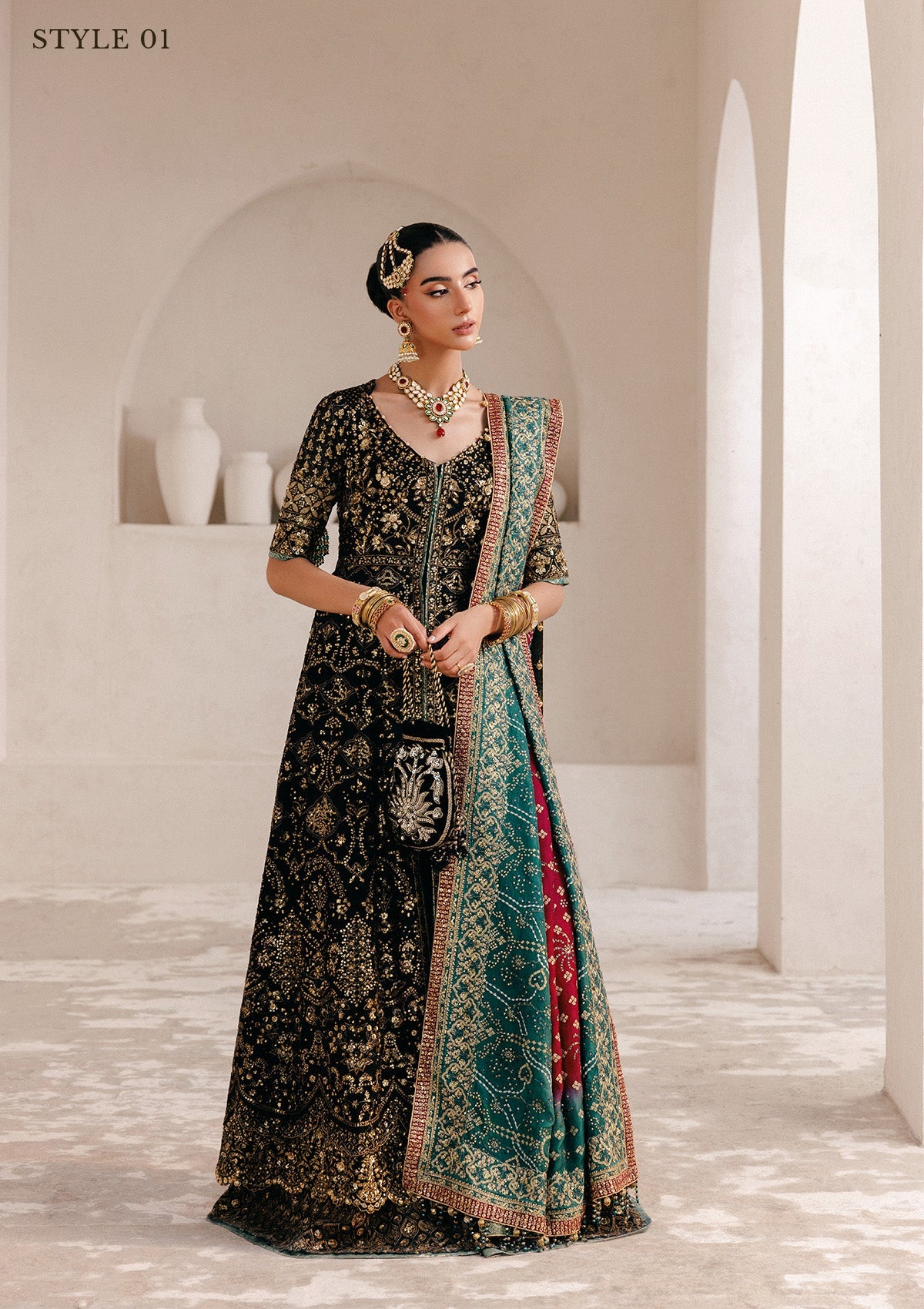 WEDDING FESTIVE 25 VOL. 2 - LOOK 05 Black KALIDAR OPEN FRONT WITH SHARARA,KOTI KALIDAR WITH STRAIGHT PANTS For Wedding Events - Pakistani Designer Wear for Women in UK | Kifat