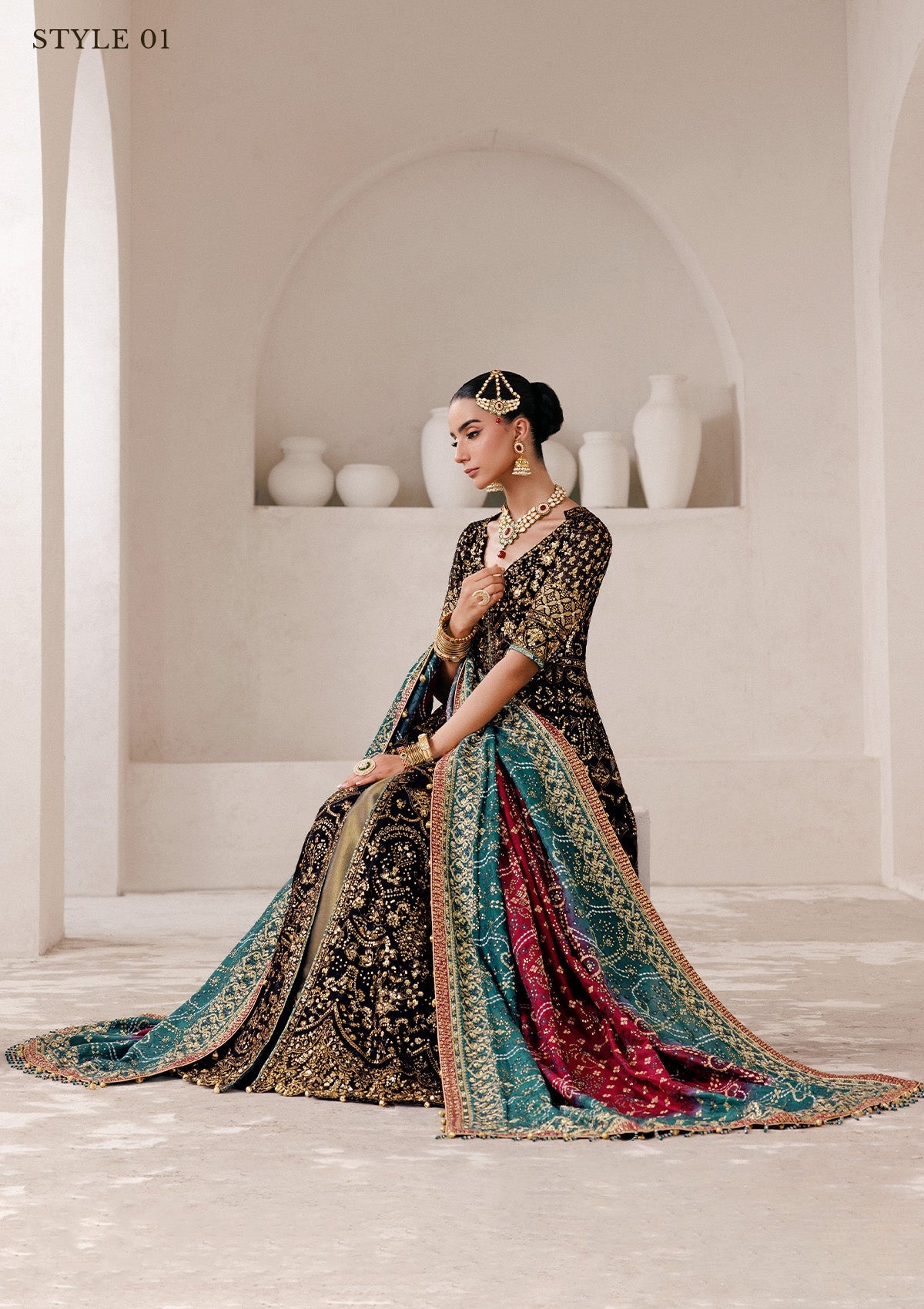 WEDDING FESTIVE 25 VOL. 2 - LOOK 05 Black KALIDAR OPEN FRONT WITH SHARARA,KOTI KALIDAR WITH STRAIGHT PANTS For Wedding Events - Pakistani Designer Wear for Women in UK | Kifat