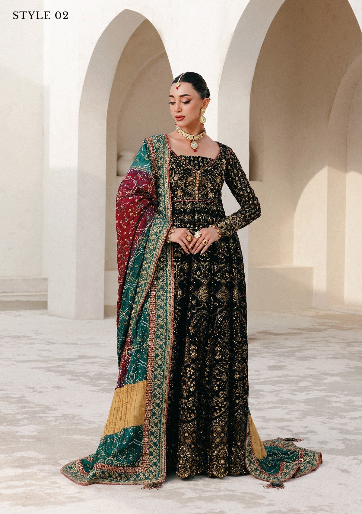 WEDDING FESTIVE 25 VOL. 2 - LOOK 05 Black KALIDAR OPEN FRONT WITH SHARARA,KOTI KALIDAR WITH STRAIGHT PANTS For Wedding Events - Pakistani Designer Wear for Women in UK | Kifat