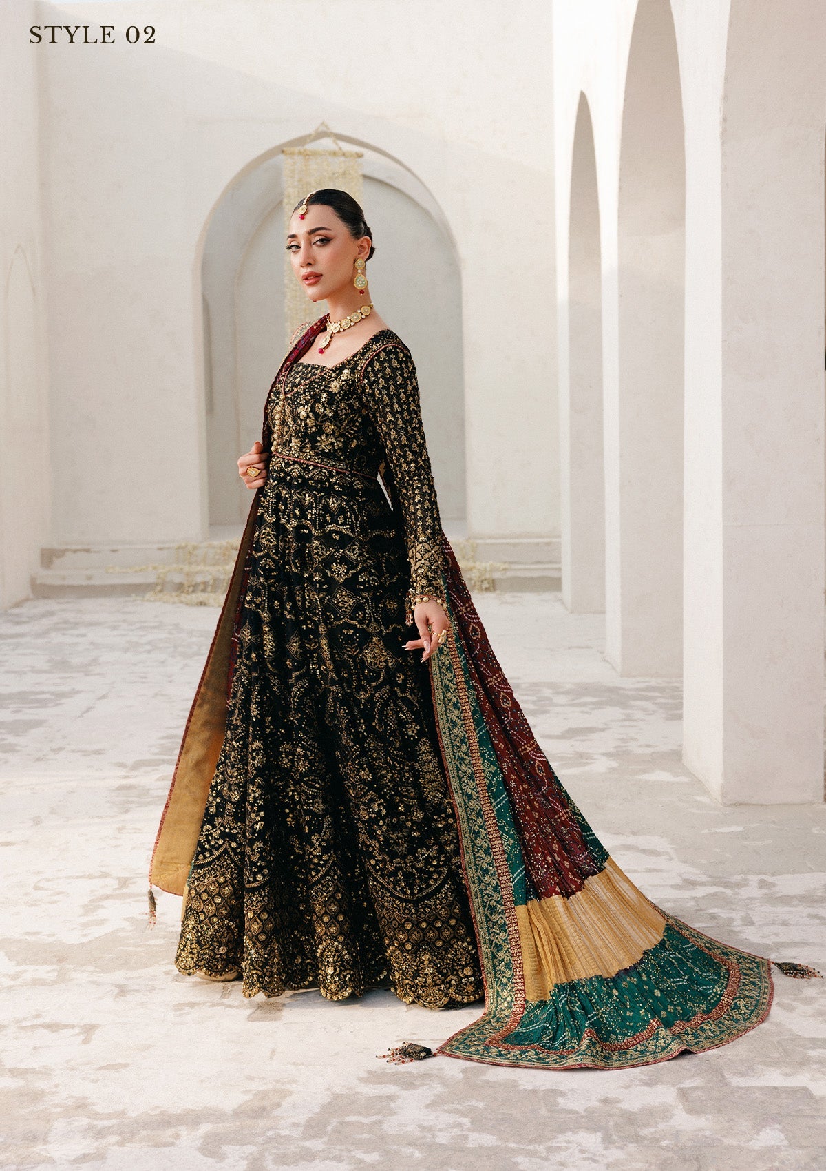 WEDDING FESTIVE 25 VOL. 2 - LOOK 05 Black KALIDAR OPEN FRONT WITH SHARARA,KOTI KALIDAR WITH STRAIGHT PANTS For Wedding Events - Pakistani Designer Wear for Women in UK | Kifat