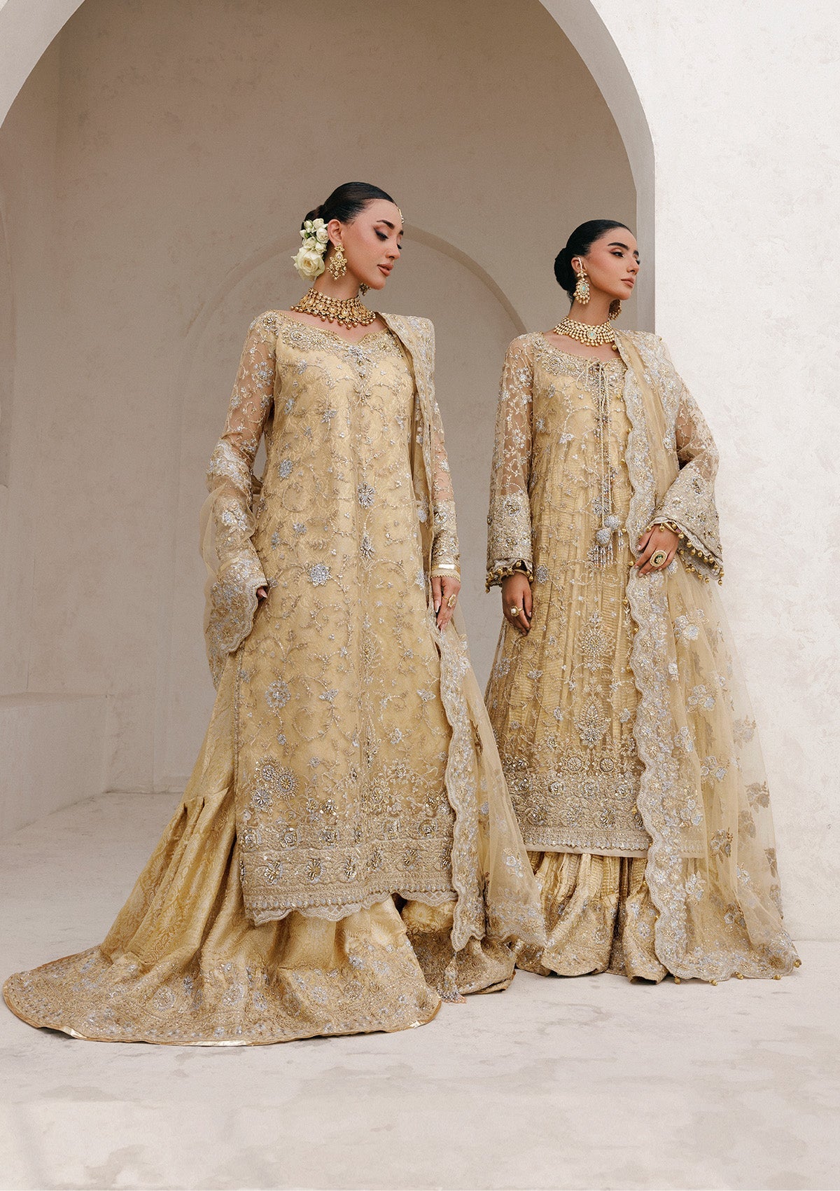 WEDDING FESTIVE 25 VOL. 2 - LOOK 06 Gold Beige LONG SHIRT WITH FARSHI GHARARA,SIDE SLIT LONG SHIRT WITH CRUSHED FROCK For Wedding Events - Pakistani Designer Wear for Women in UK | Kifat