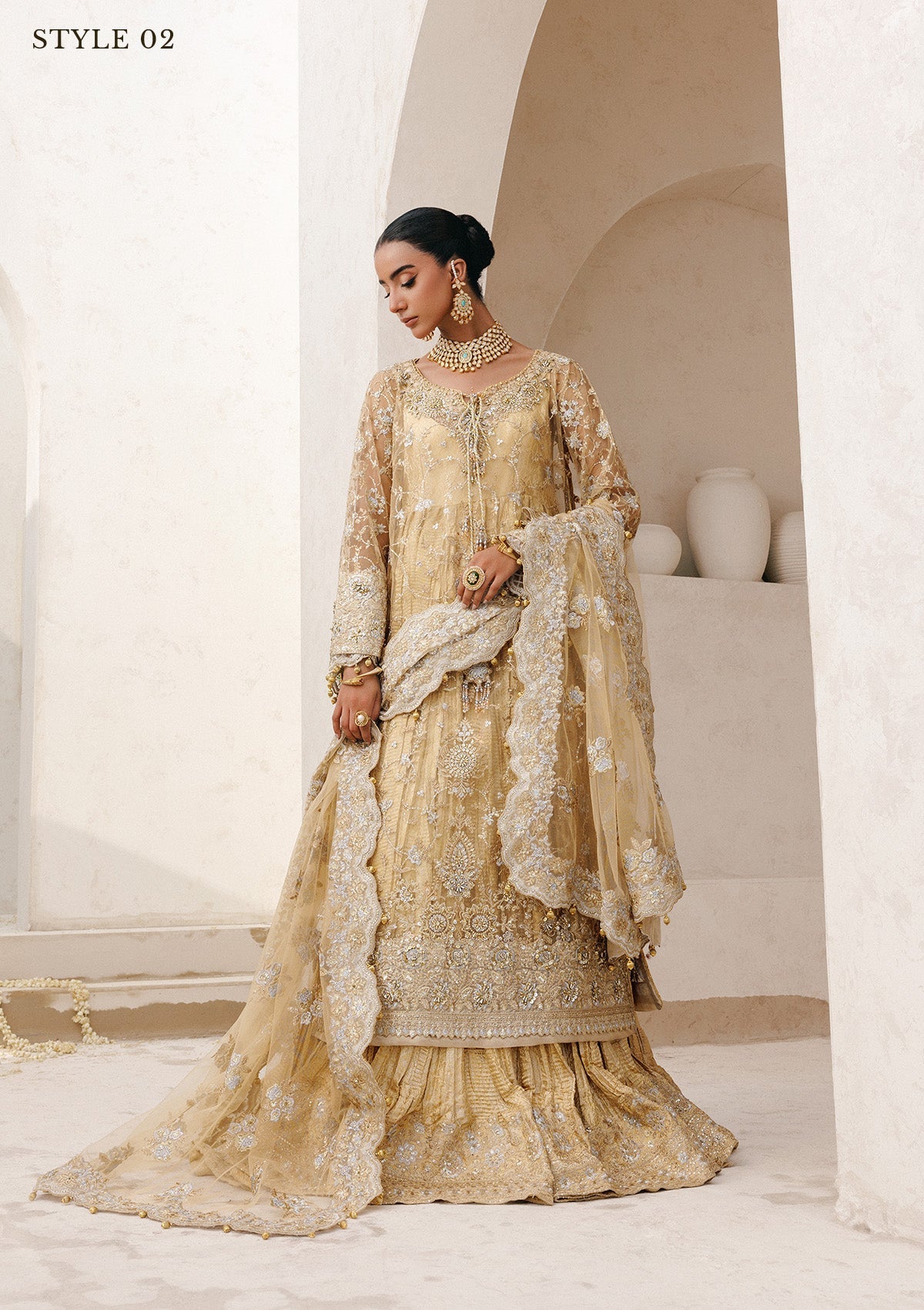 WEDDING FESTIVE 25 VOL. 2 - LOOK 06 Gold Beige LONG SHIRT WITH FARSHI GHARARA,SIDE SLIT LONG SHIRT WITH CRUSHED FROCK For Wedding Events - Pakistani Designer Wear for Women in UK | Kifat