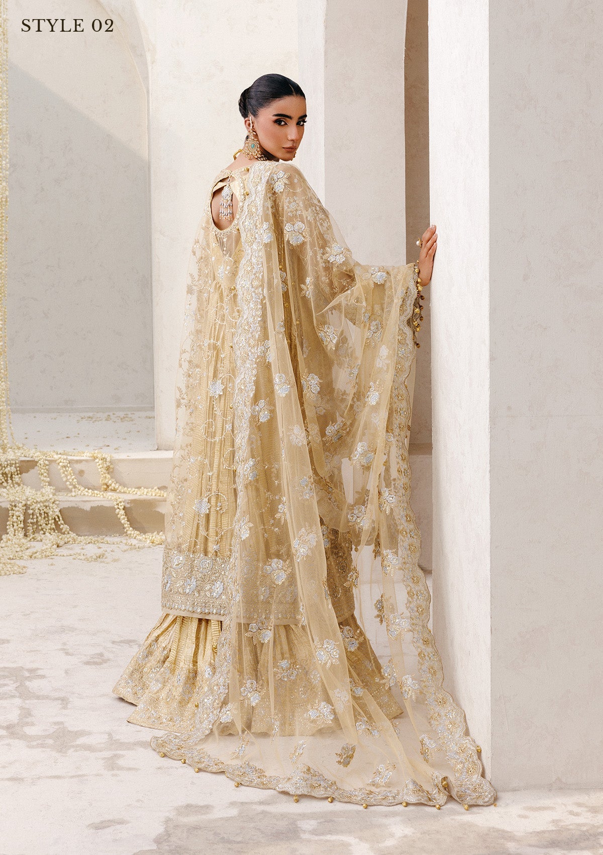 WEDDING FESTIVE 25 VOL. 2 - LOOK 06 Gold Beige LONG SHIRT WITH FARSHI GHARARA,SIDE SLIT LONG SHIRT WITH CRUSHED FROCK For Wedding Events - Pakistani Designer Wear for Women in UK | Kifat