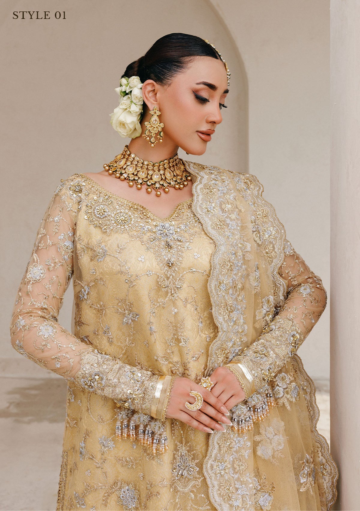 WEDDING FESTIVE 25 VOL. 2 - LOOK 06 Gold Beige LONG SHIRT WITH FARSHI GHARARA,SIDE SLIT LONG SHIRT WITH CRUSHED FROCK For Wedding Events - Pakistani Designer Wear for Women in UK | Kifat