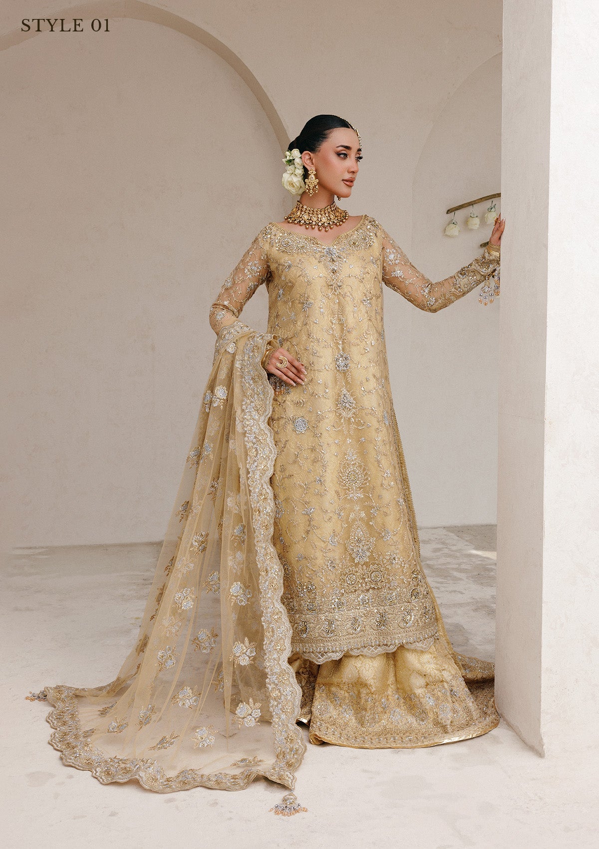 WEDDING FESTIVE 25 VOL. 2 - LOOK 06 Gold Beige LONG SHIRT WITH FARSHI GHARARA,SIDE SLIT LONG SHIRT WITH CRUSHED FROCK For Wedding Events - Pakistani Designer Wear for Women in UK | Kifat