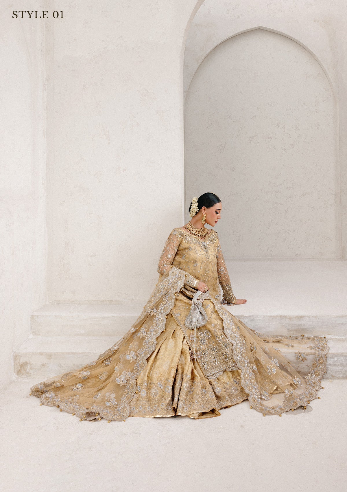 WEDDING FESTIVE 25 VOL. 2 - LOOK 06 Gold Beige LONG SHIRT WITH FARSHI GHARARA,SIDE SLIT LONG SHIRT WITH CRUSHED FROCK For Wedding Events - Pakistani Designer Wear for Women in UK | Kifat