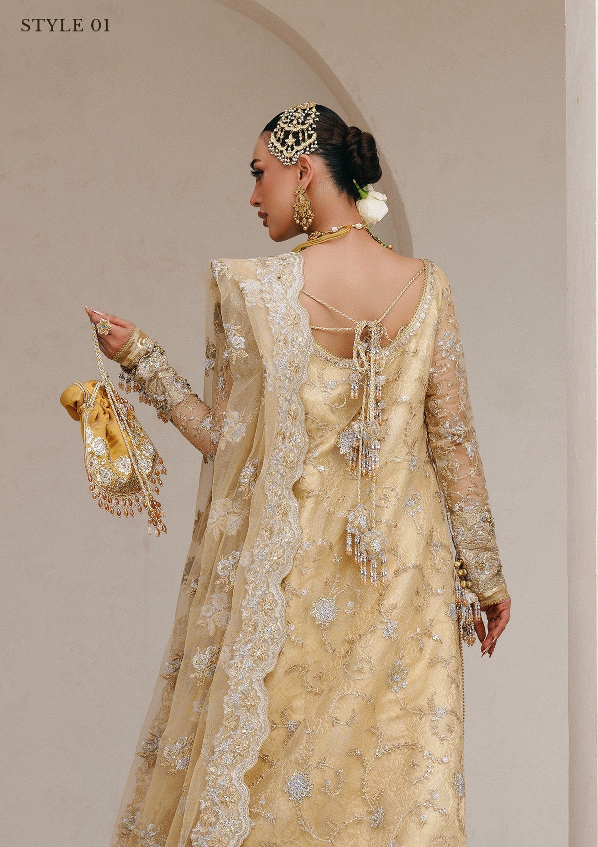 WEDDING FESTIVE 25 VOL. 2 - LOOK 06 Gold Beige LONG SHIRT WITH FARSHI GHARARA,SIDE SLIT LONG SHIRT WITH CRUSHED FROCK For Wedding Events - Pakistani Designer Wear for Women in UK | Kifat