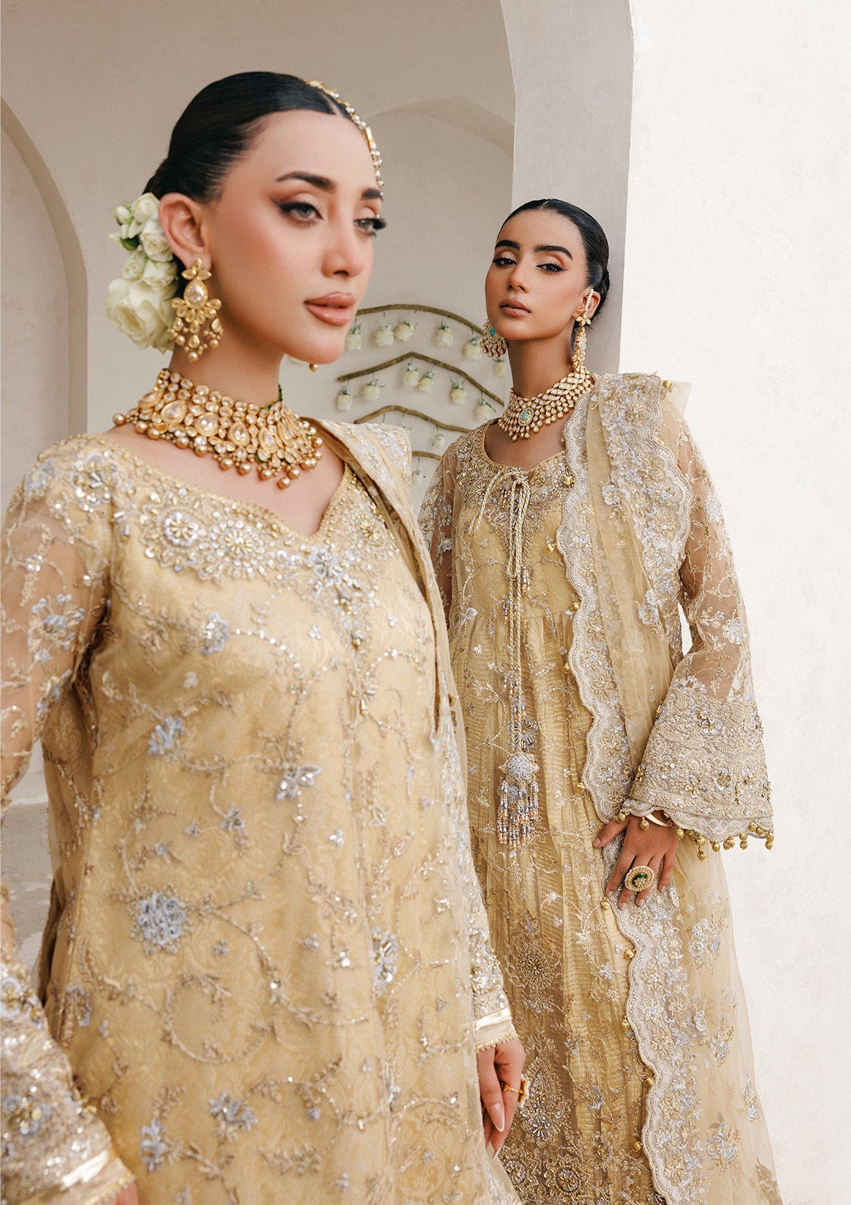 WEDDING FESTIVE 25 VOL. 2 - LOOK 06 Gold Beige LONG SHIRT WITH FARSHI GHARARA,SIDE SLIT LONG SHIRT WITH CRUSHED FROCK For Wedding Events - Pakistani Designer Wear for Women in UK | Kifat