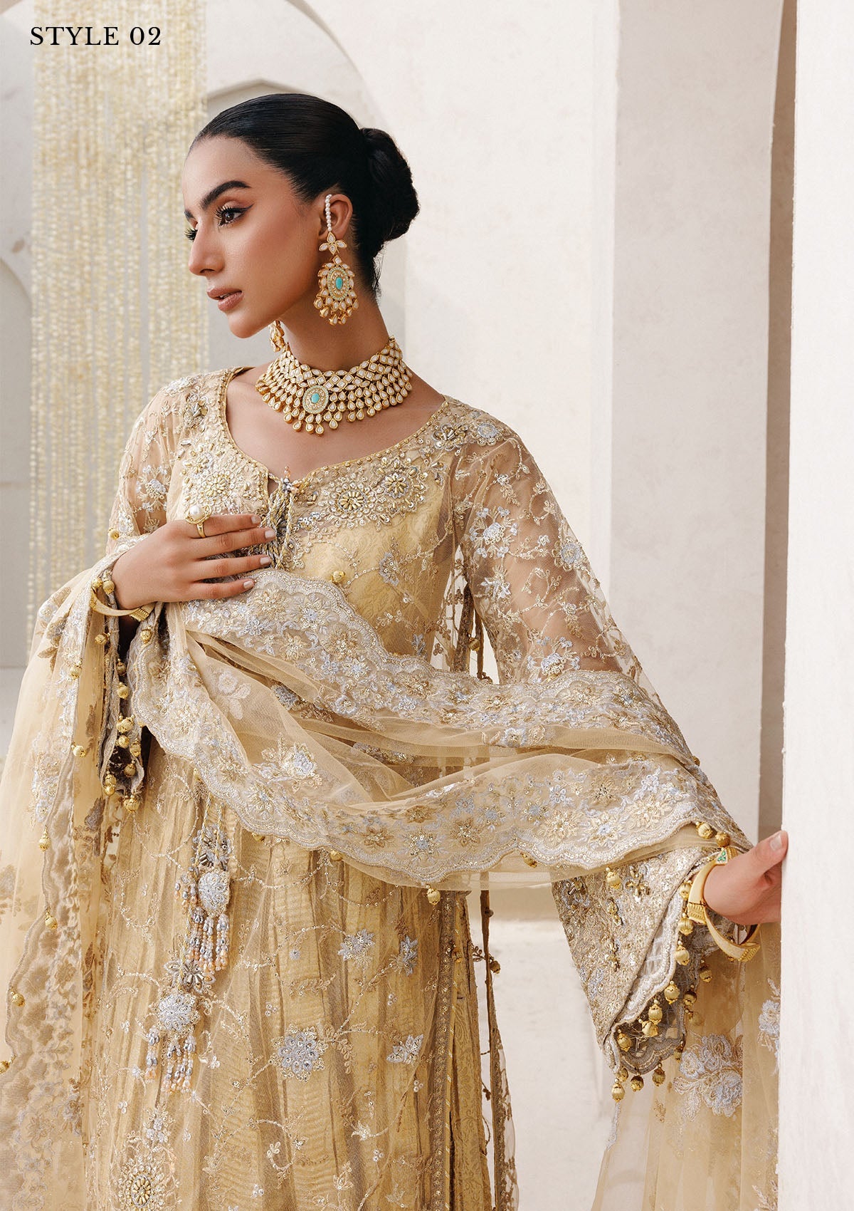 WEDDING FESTIVE 25 VOL. 2 - LOOK 06 Gold Beige LONG SHIRT WITH FARSHI GHARARA,SIDE SLIT LONG SHIRT WITH CRUSHED FROCK For Wedding Events - Pakistani Designer Wear for Women in UK | Kifat