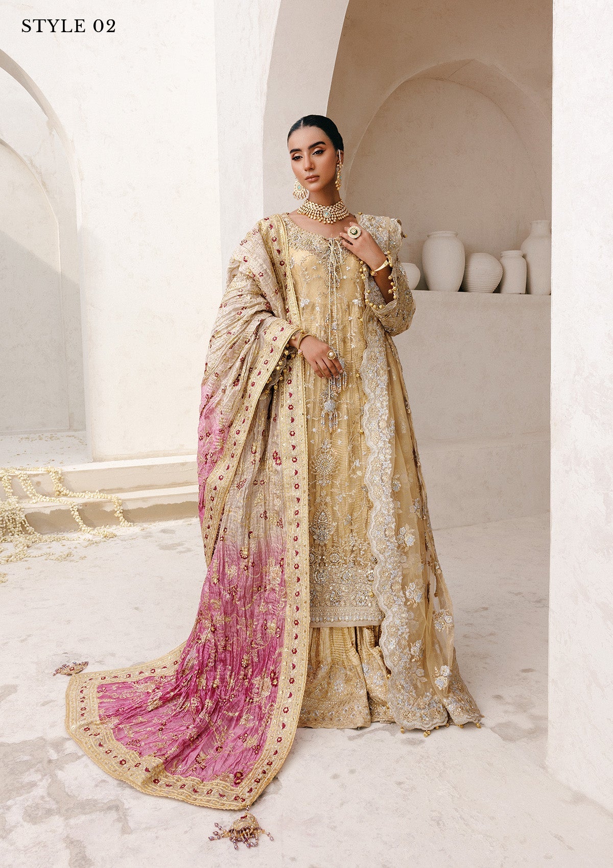 WEDDING FESTIVE 25 VOL. 2 - LOOK 06 Gold Beige LONG SHIRT WITH FARSHI GHARARA,SIDE SLIT LONG SHIRT WITH CRUSHED FROCK For Wedding Events - Pakistani Designer Wear for Women in UK | Kifat