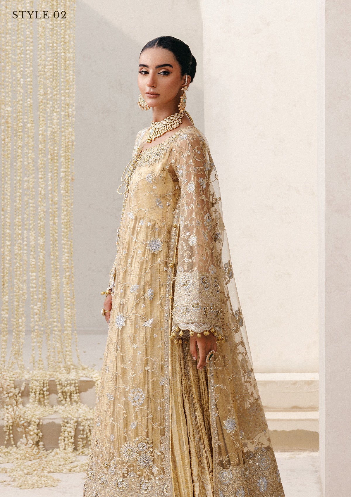 WEDDING FESTIVE 25 VOL. 2 - LOOK 06 Gold Beige LONG SHIRT WITH FARSHI GHARARA,SIDE SLIT LONG SHIRT WITH CRUSHED FROCK For Wedding Events - Pakistani Designer Wear for Women in UK | Kifat